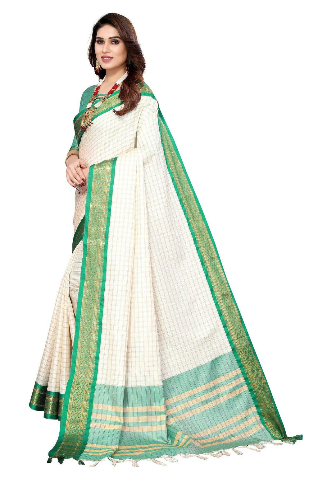 Vamika Weaving White Cotton Silk Saree (DEVAL GREEN)