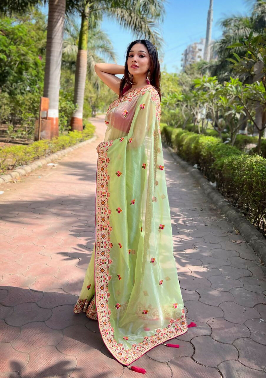Vastranavya Twill Net Designer Embroidery & Colour Thread & Diamond work Saree with Blouse Material - Mint Green