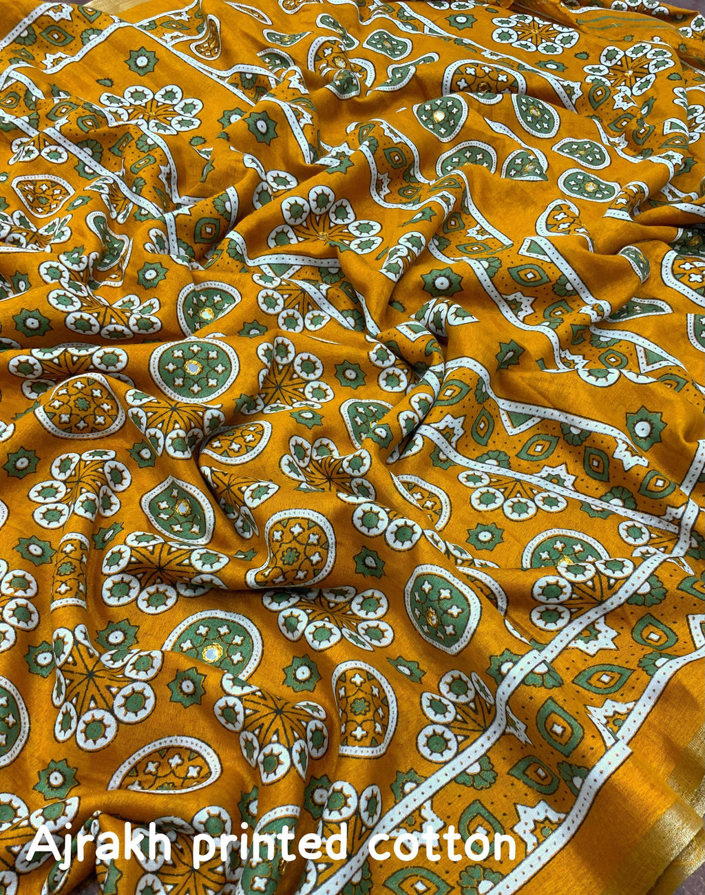 Mustard Cotton Blend Ajrak Saree with Unstitched Blouse - Hiral Fashion