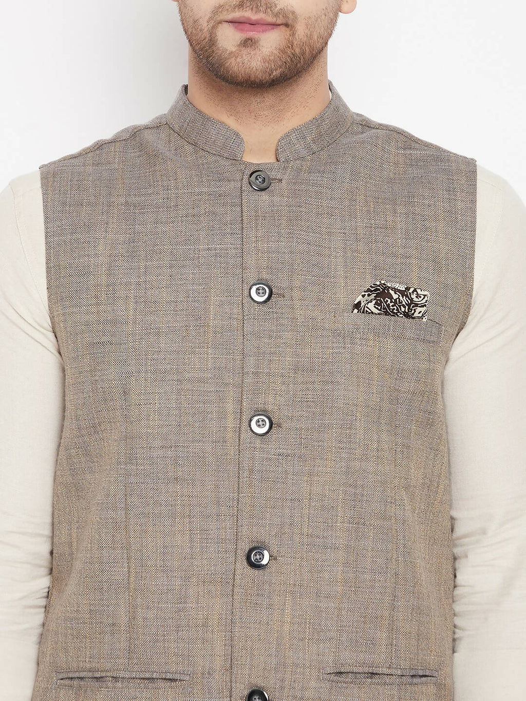 Even Apparels Brown Linen Men Woven Nehru Jacket
