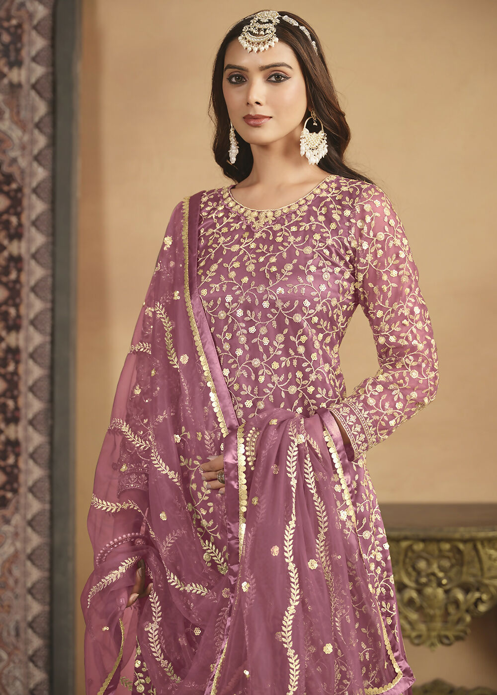 Net Onion Pink Embroidered Festive Gharara Style Suit - Emponline