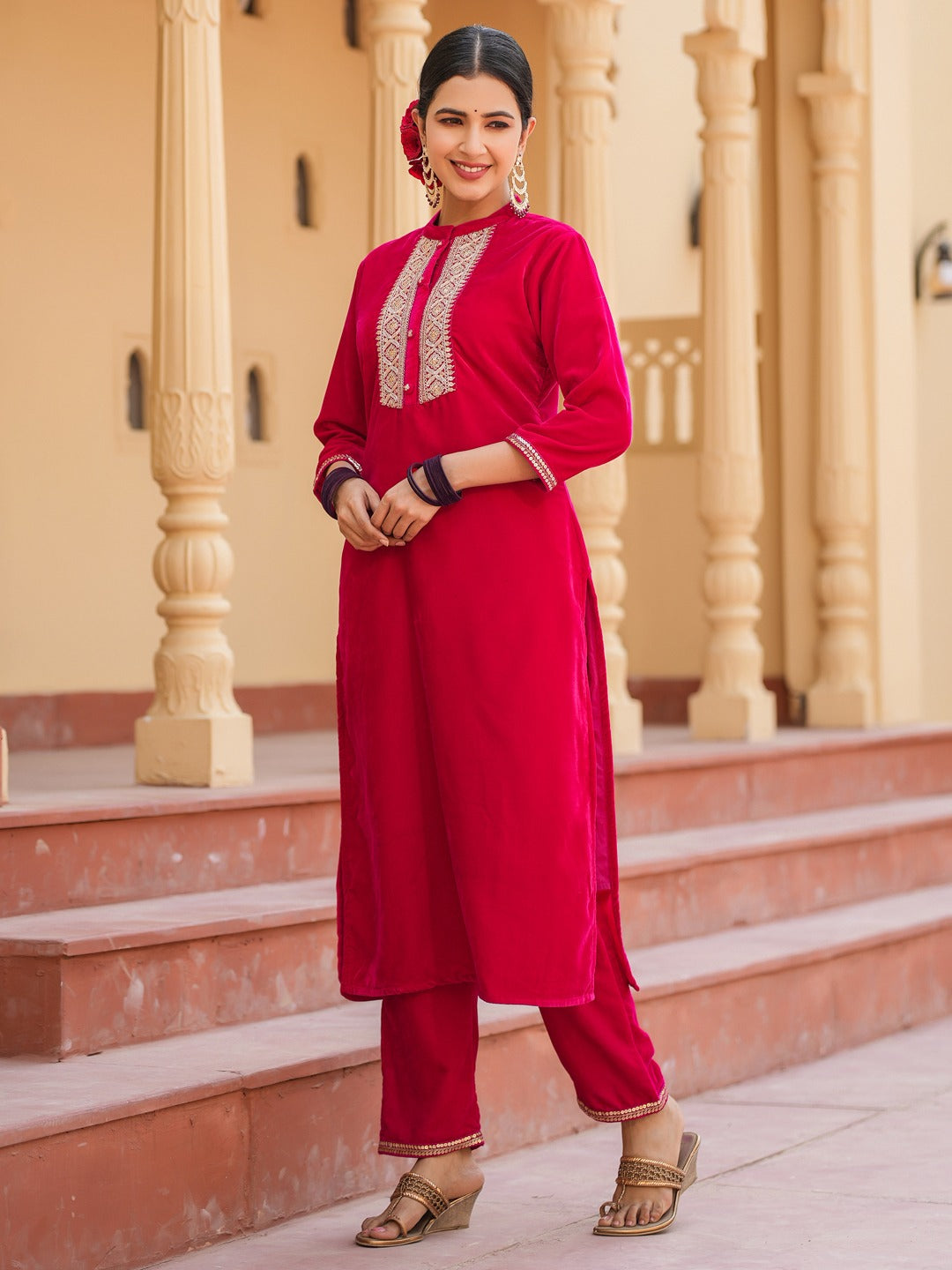 Yufta Hot pink Zari_Work Velvet Straight Kurta Trouser Set