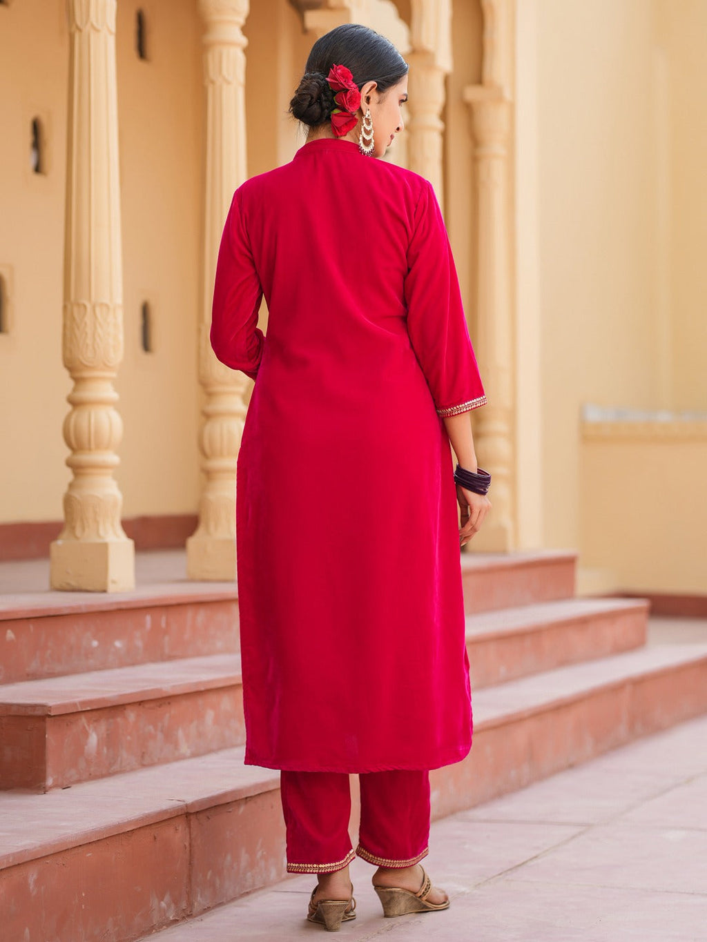 Yufta Hot pink Zari_Work Velvet Straight Kurta Trouser Set