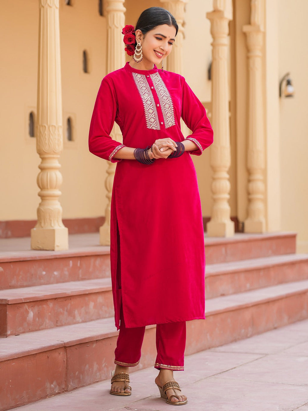 Yufta Hot pink Zari_Work Velvet Straight Kurta Trouser Set