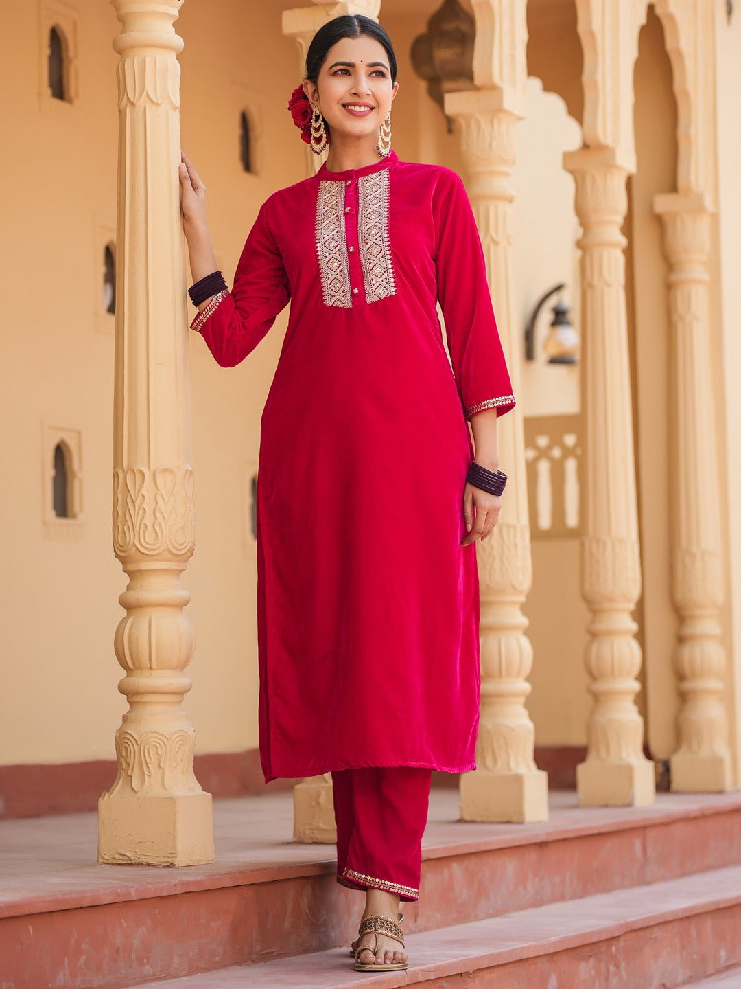 Yufta Hot pink Zari_Work Velvet Straight Kurta Trouser Set