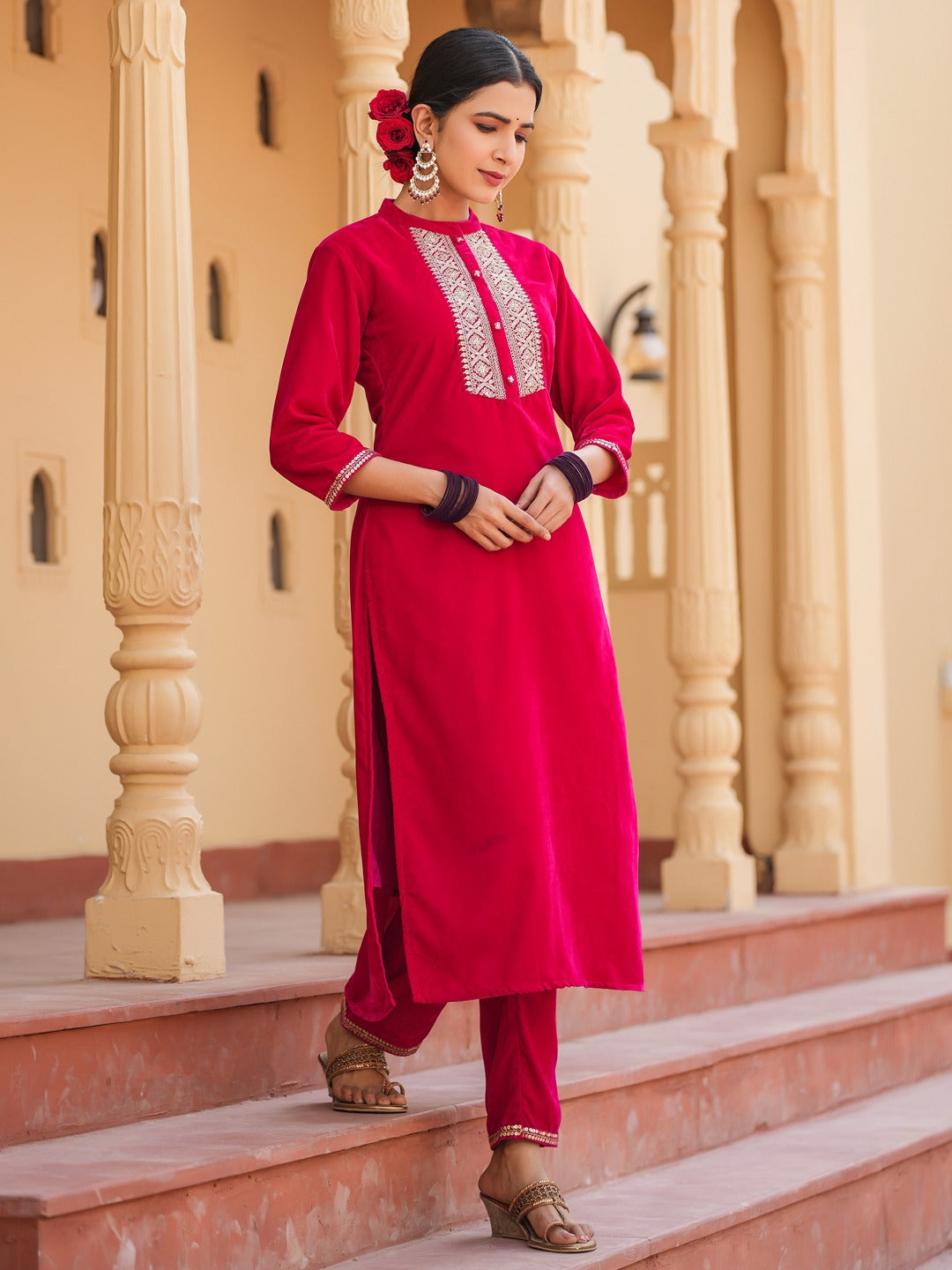 Yufta Hot pink Zari_Work Velvet Straight Kurta Trouser Set
