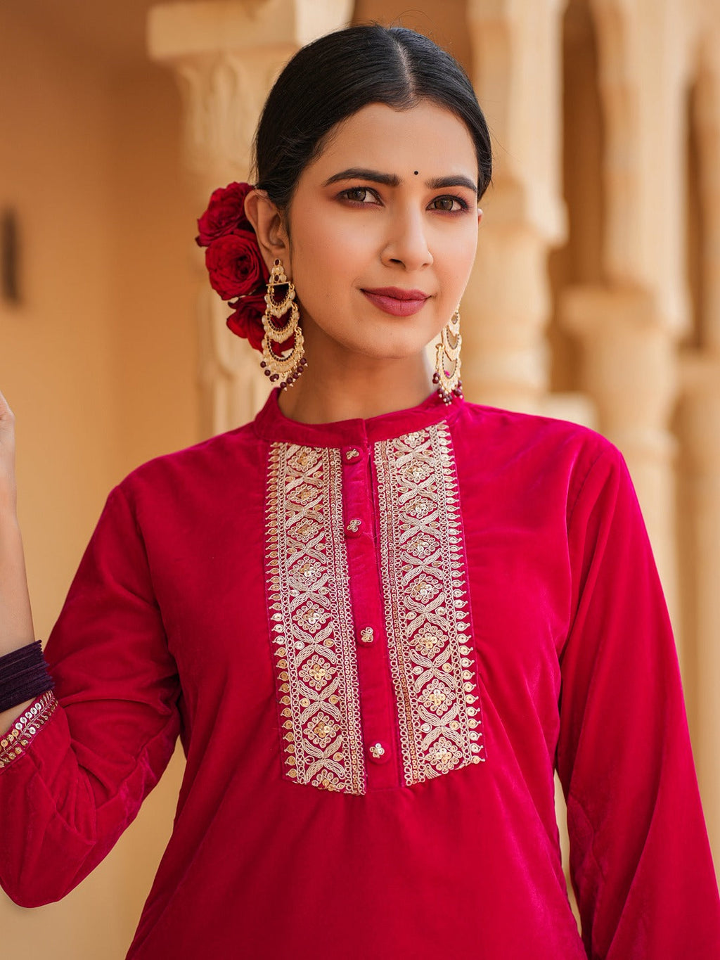 Yufta Hot pink Zari_Work Velvet Straight Kurta Trouser Set
