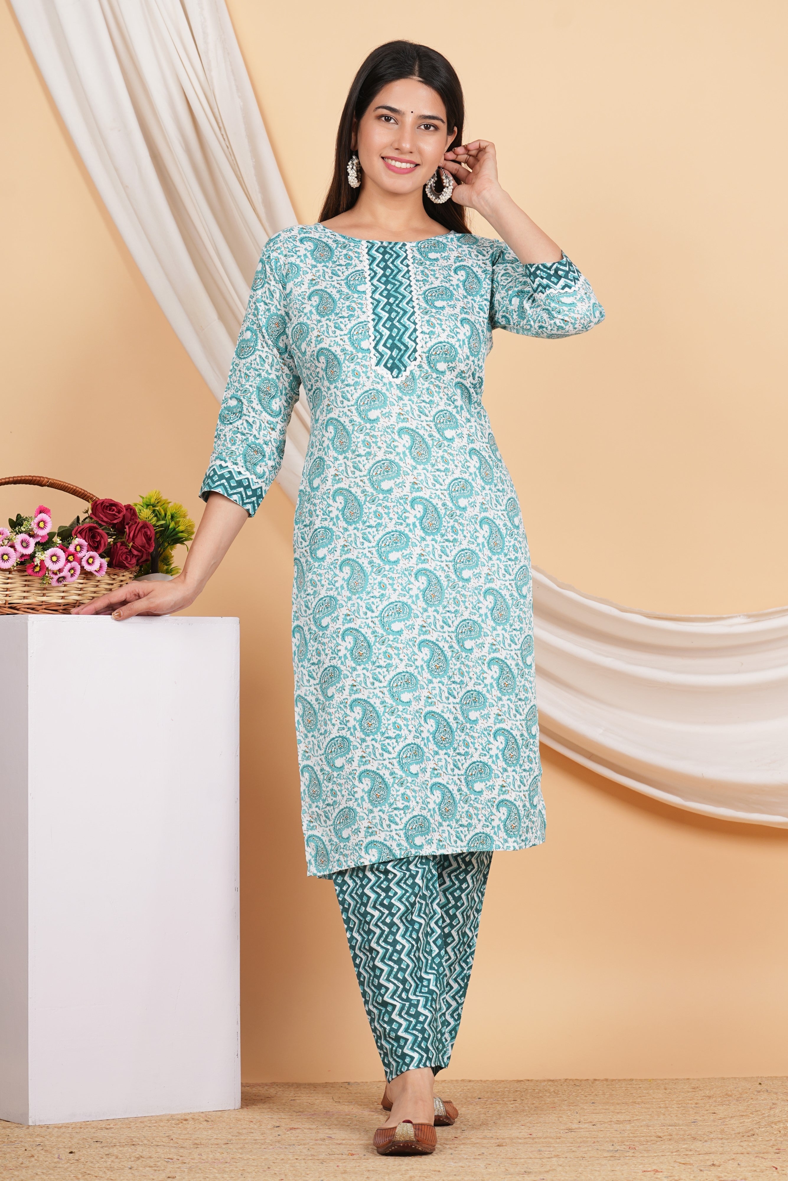 House of RP Women Green Rayon Ethnic Print Kurta & Pant Set