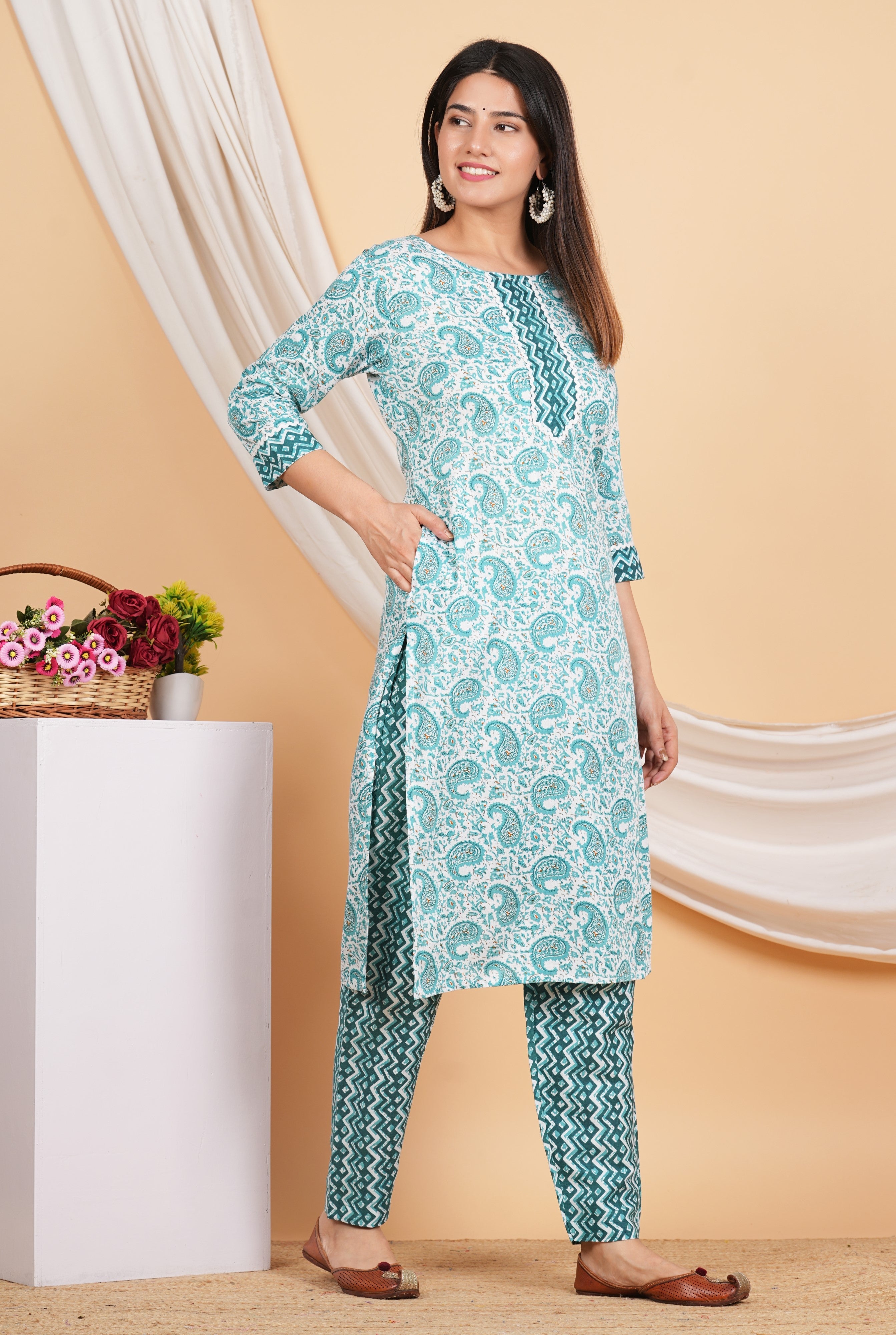 House of RP Women Green Rayon Ethnic Print Kurta & Pant Set