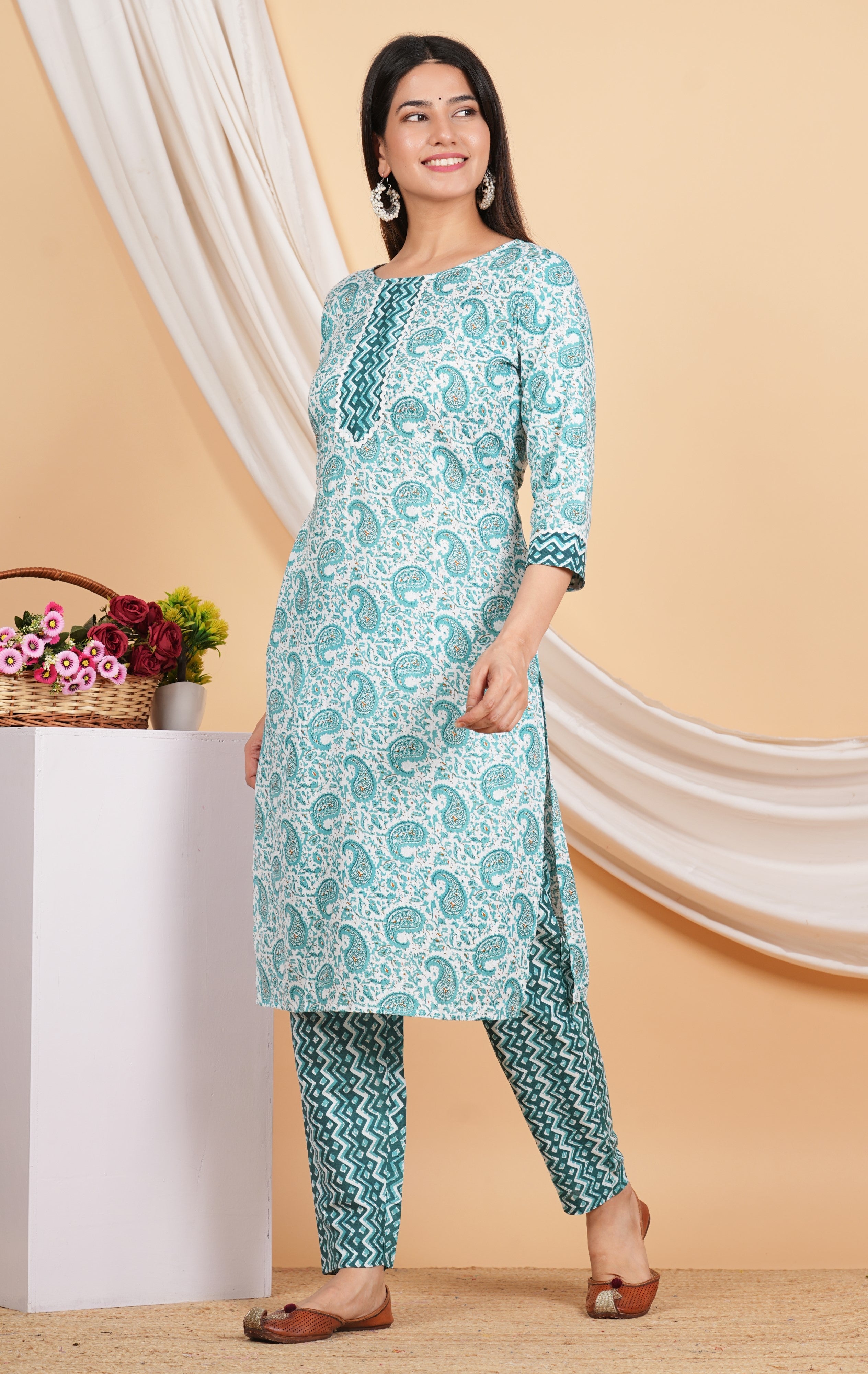 House of RP Women Green Rayon Ethnic Print Kurta & Pant Set