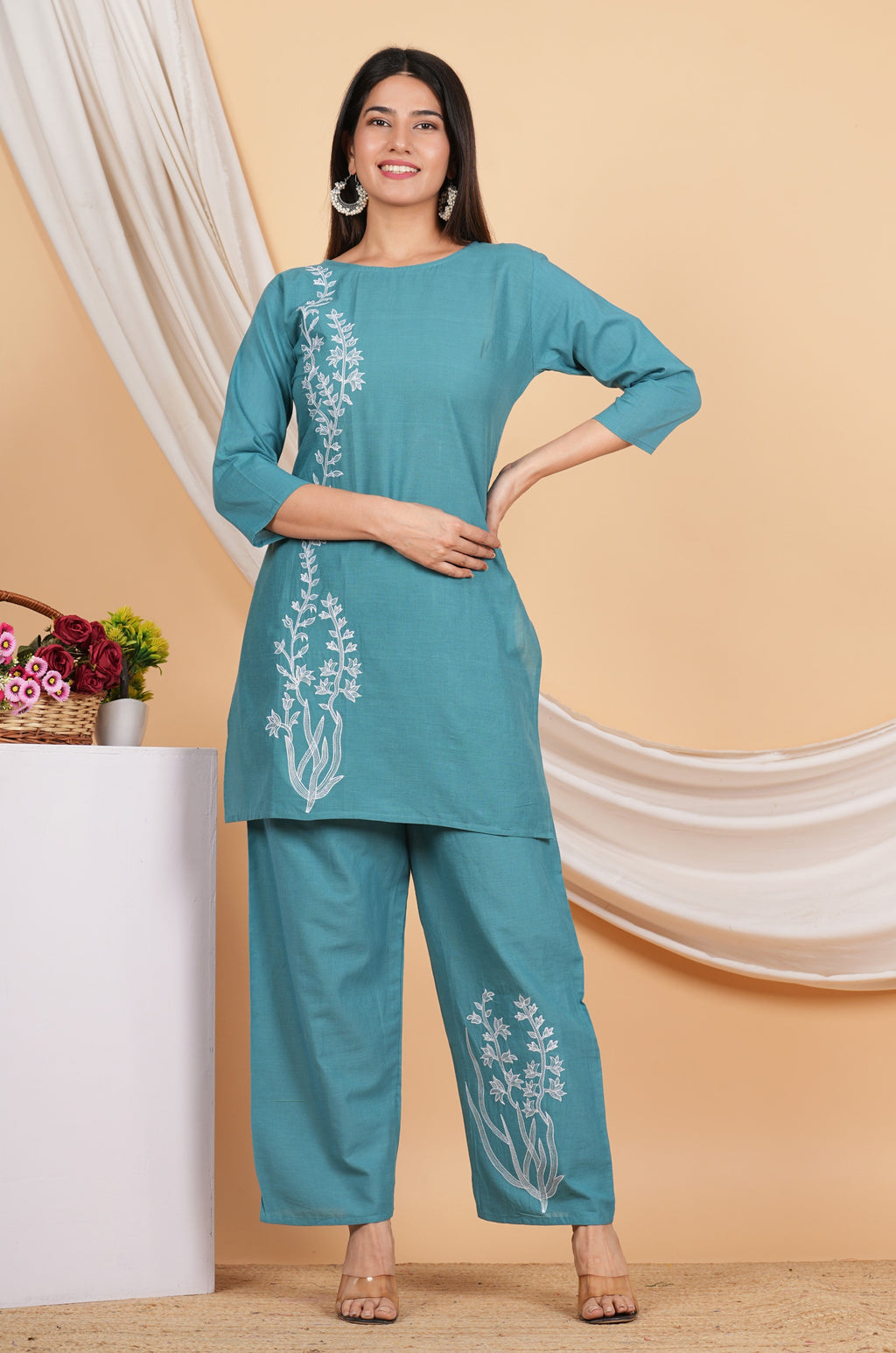 House of RP Women Teal Cotton Embroidered Coords Set