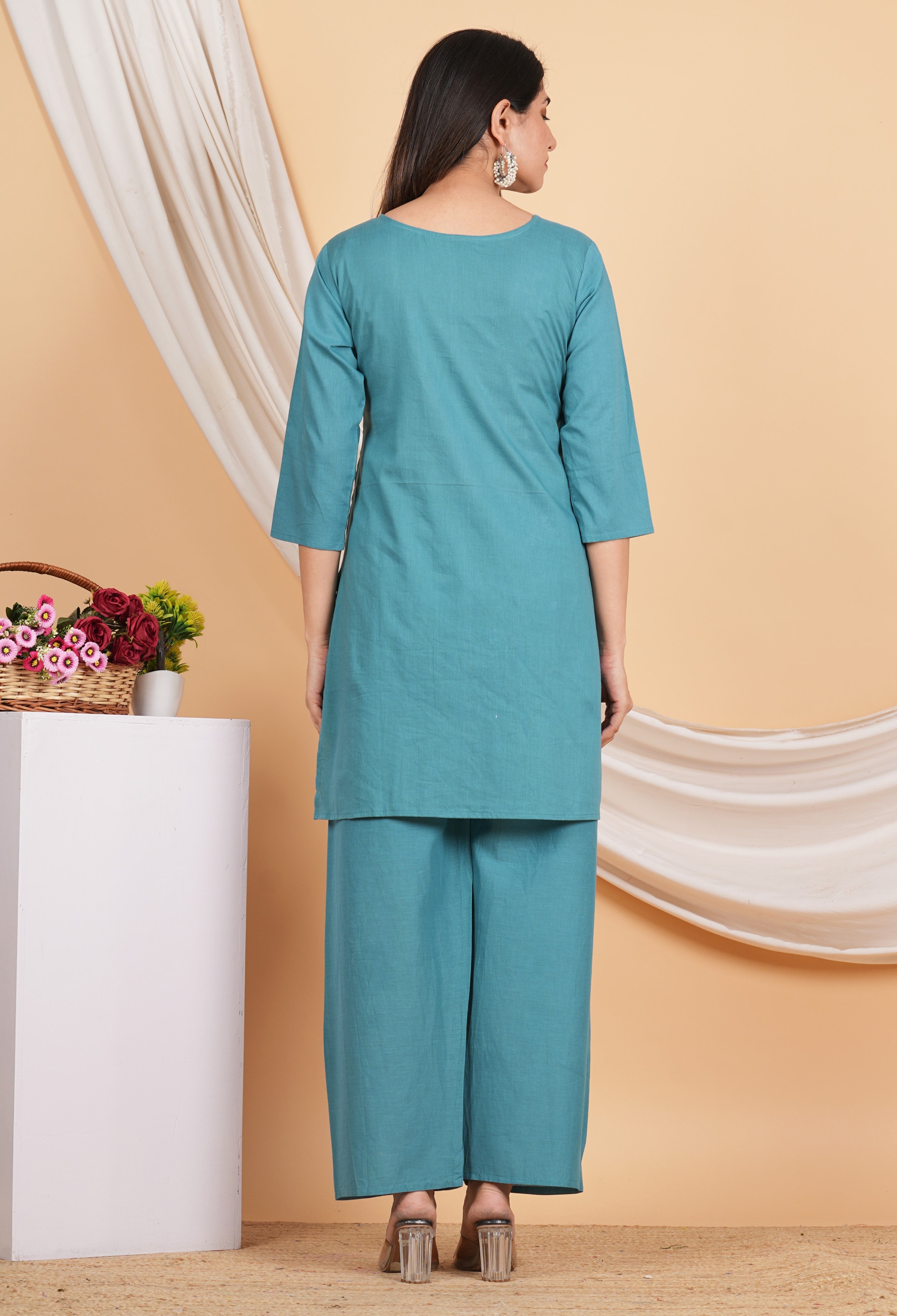 House of RP Women Teal Cotton Embroidered Coords Set