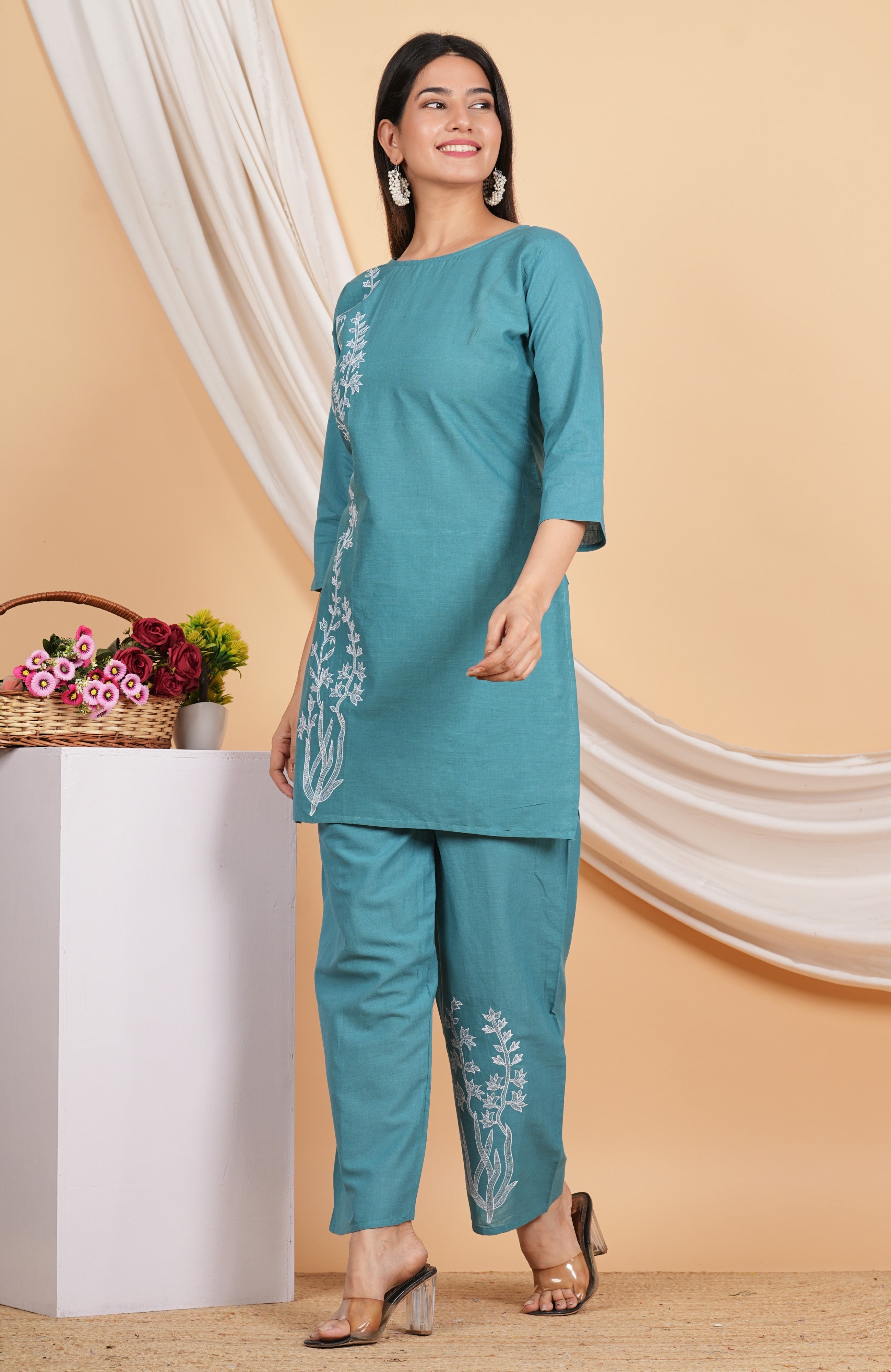 House of RP Women Teal Cotton Embroidered Coords Set