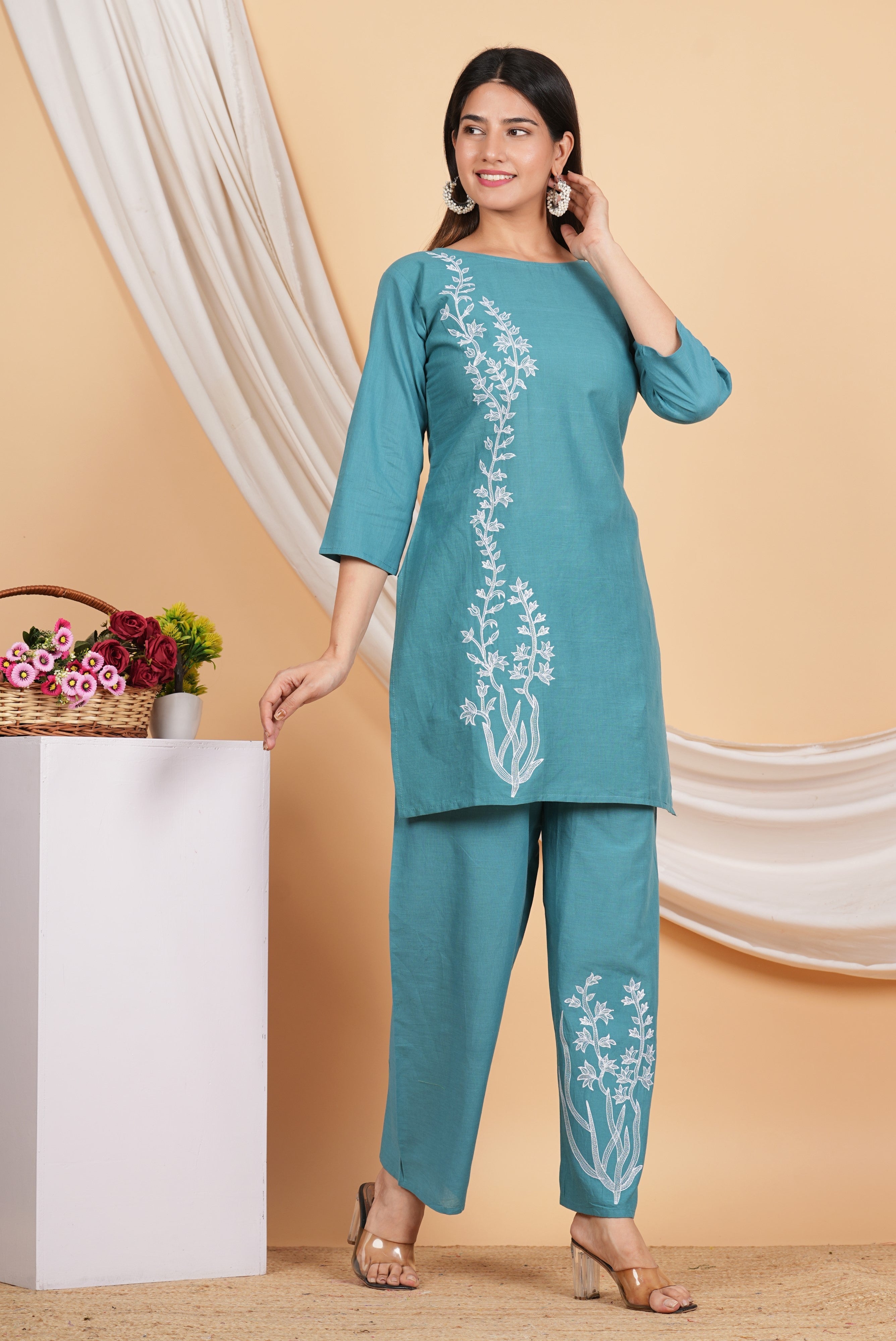 House of RP Women Teal Cotton Embroidered Coords Set