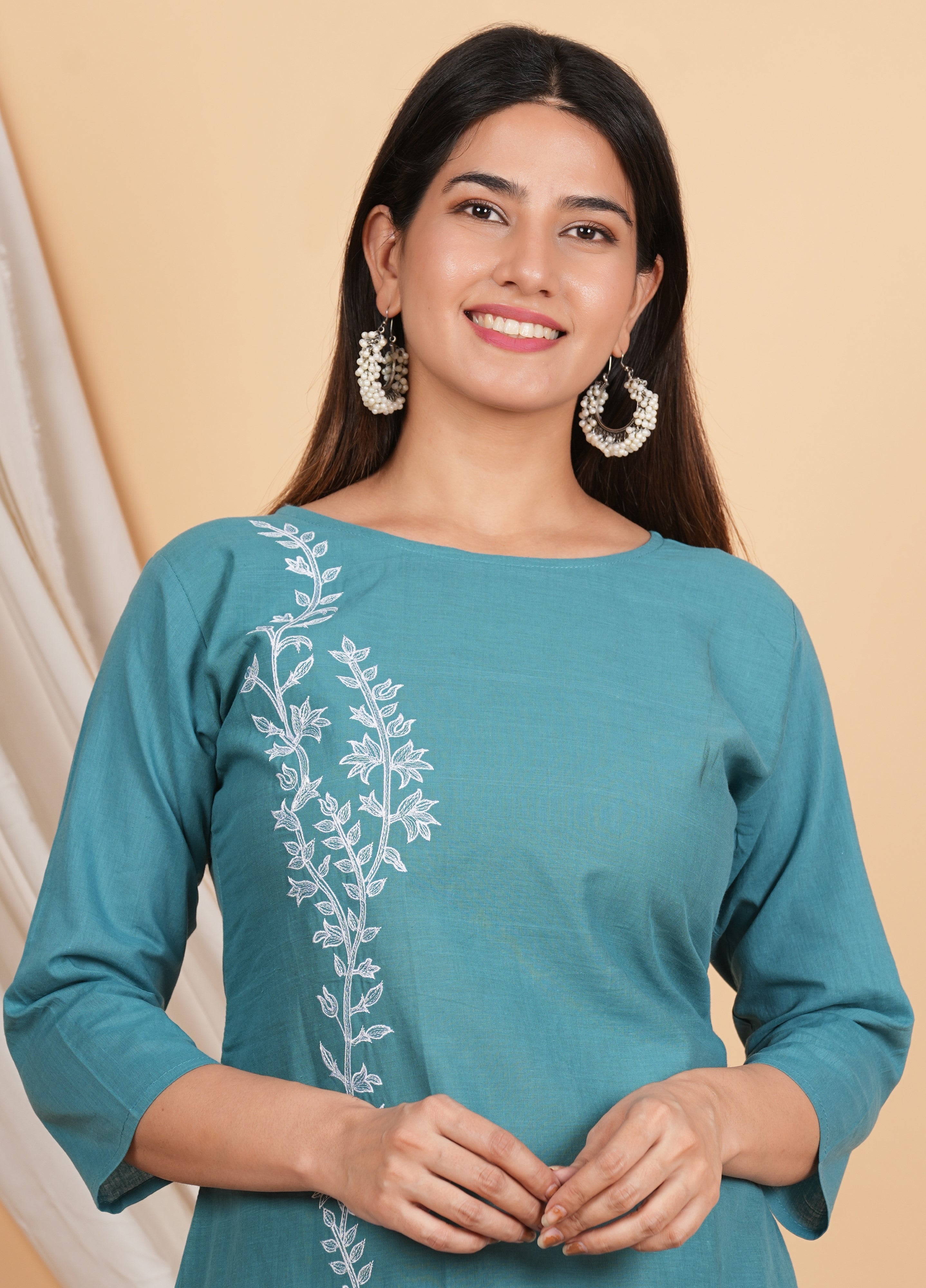 House of RP Women Teal Cotton Embroidered Coords Set