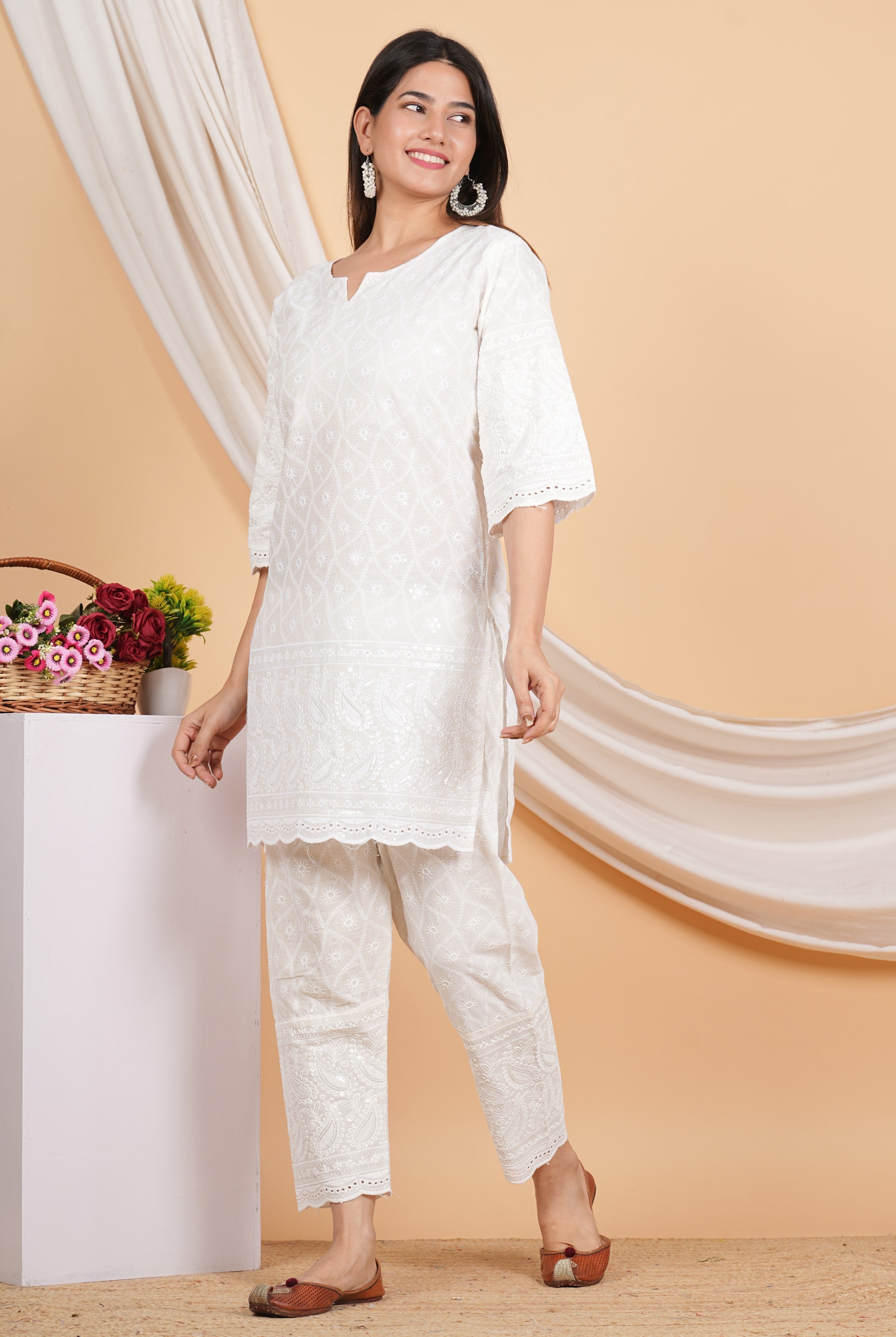 House of RP Women Off-White Cotton Chicken Embroidered Kurta & Pant Set