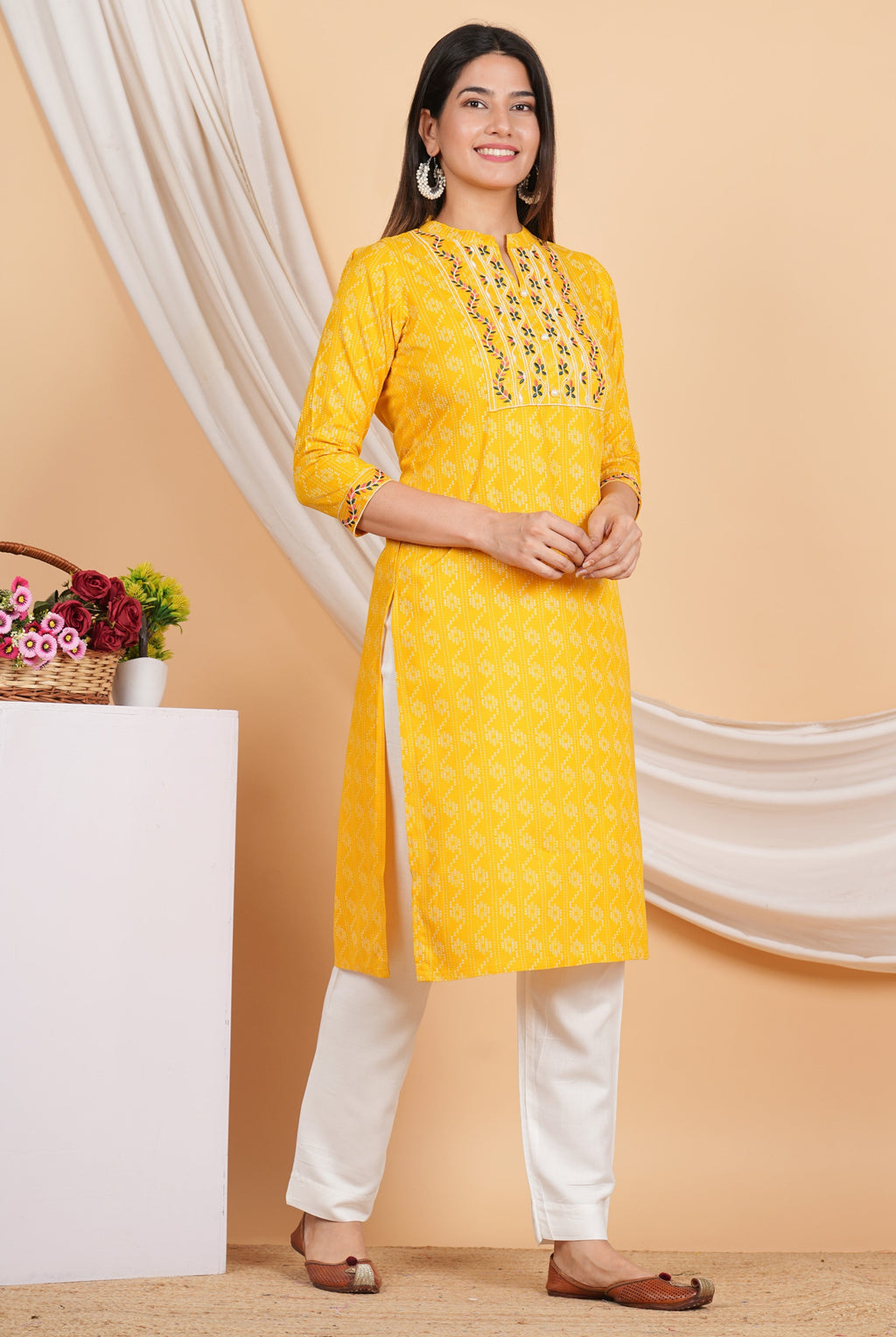 House of RP Women Yellow Rayon Yoke Embroidered Kurta & Pant Set