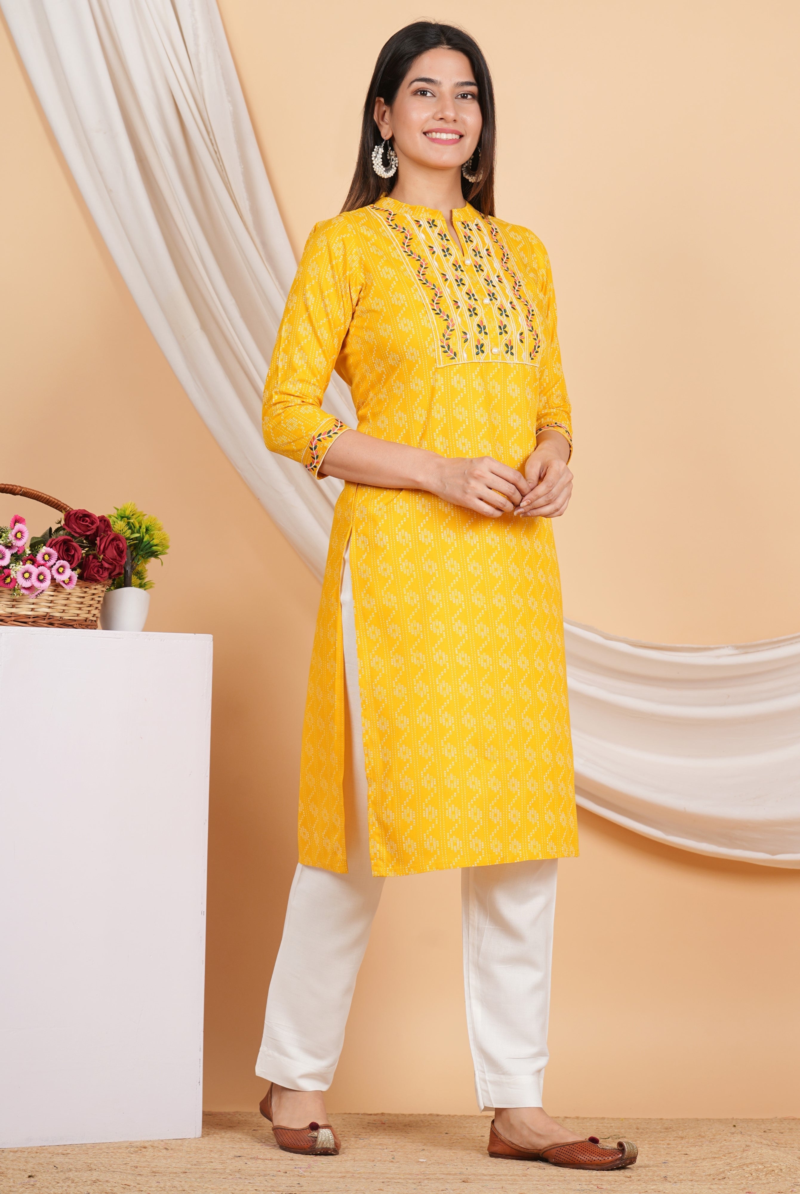 House of RP Women Yellow Rayon Yoke Embroidered Kurta & Pant Set