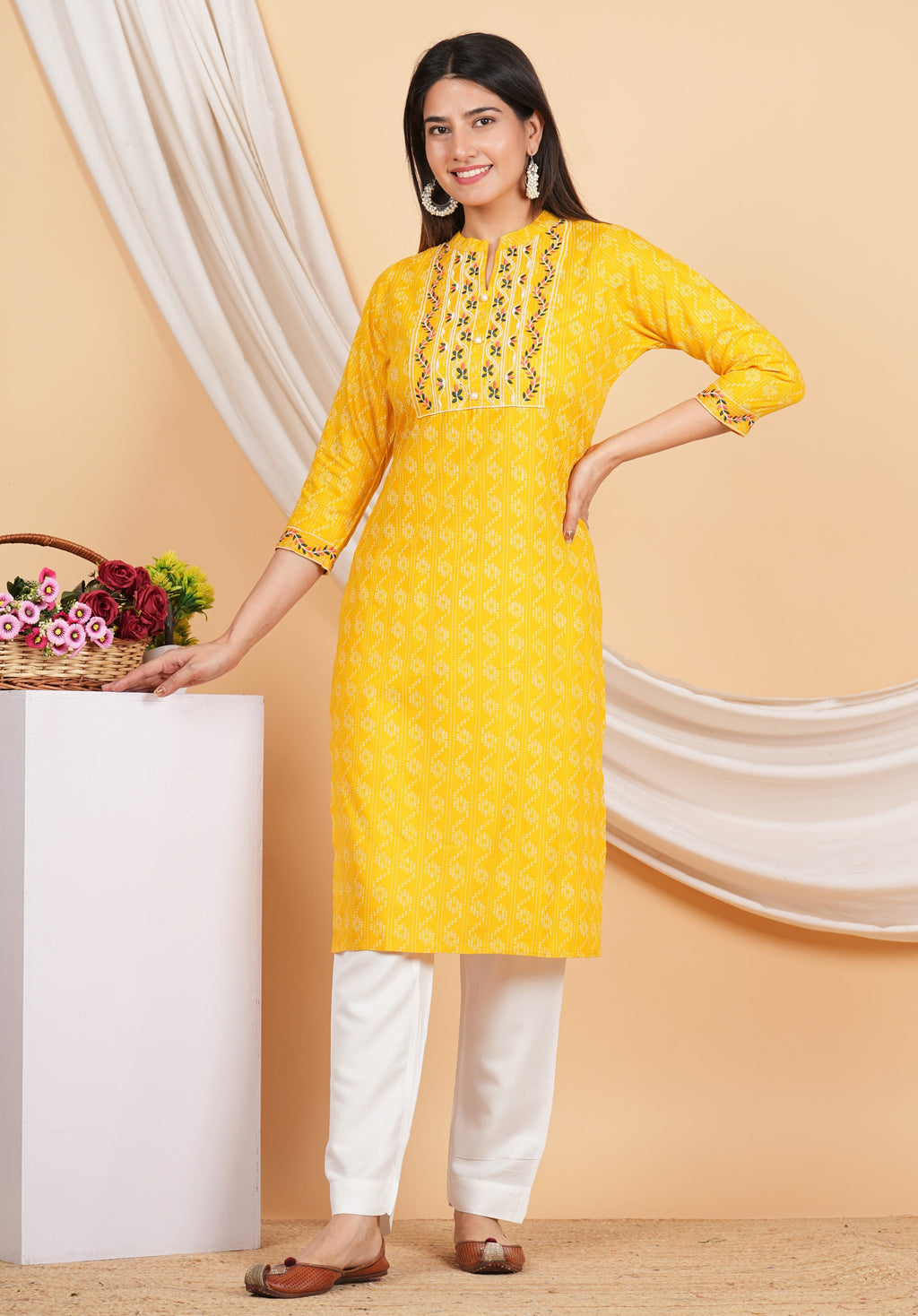 House of RP Women Yellow Rayon Yoke Embroidered Kurta & Pant Set