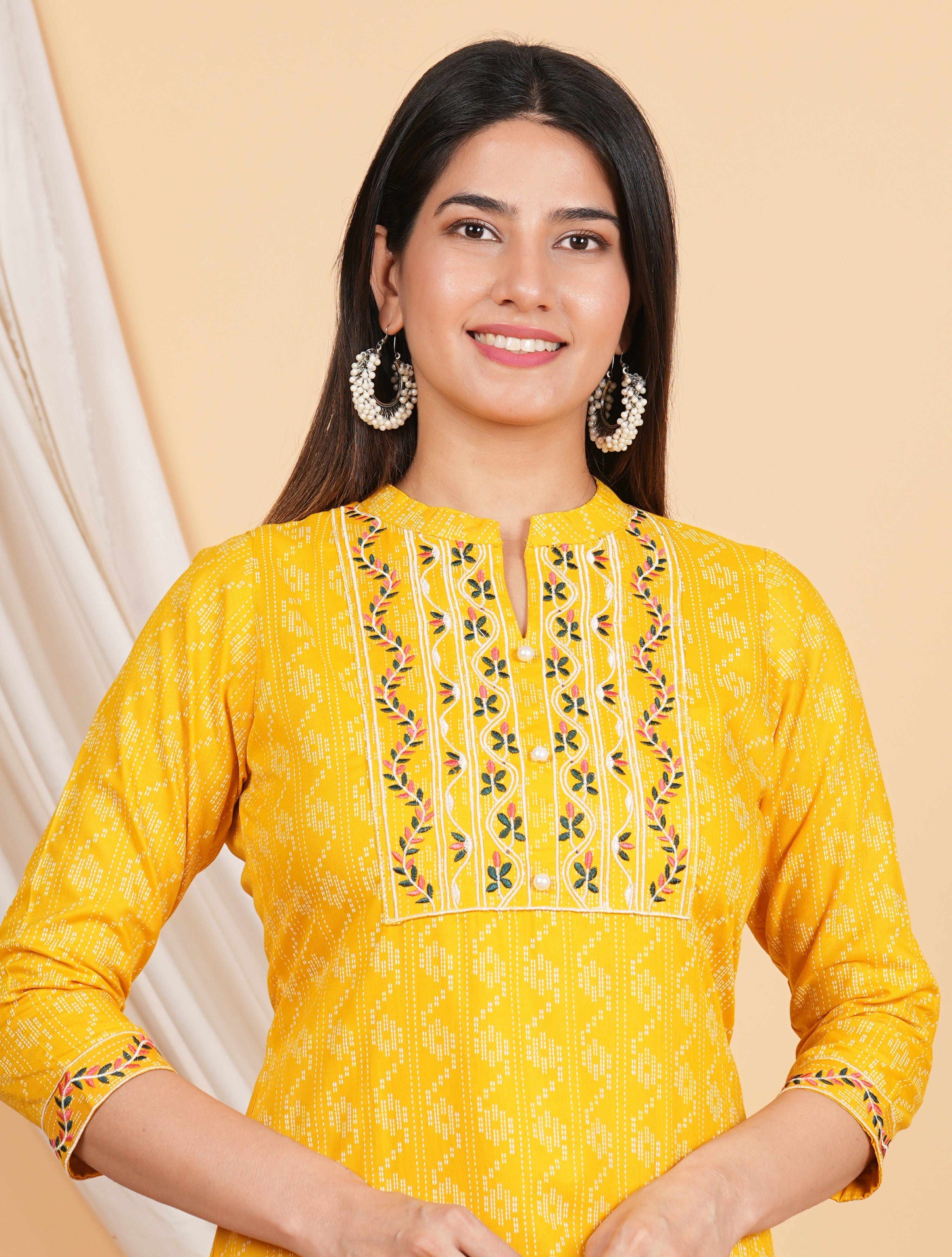 House of RP Women Yellow Rayon Yoke Embroidered Kurta & Pant Set