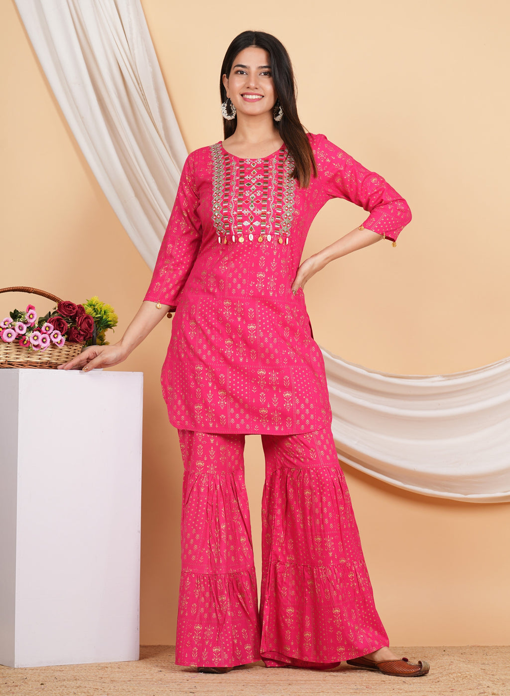 House of RP Women Pink Rayon Embroidered with Printed Kurta & Sharara Set