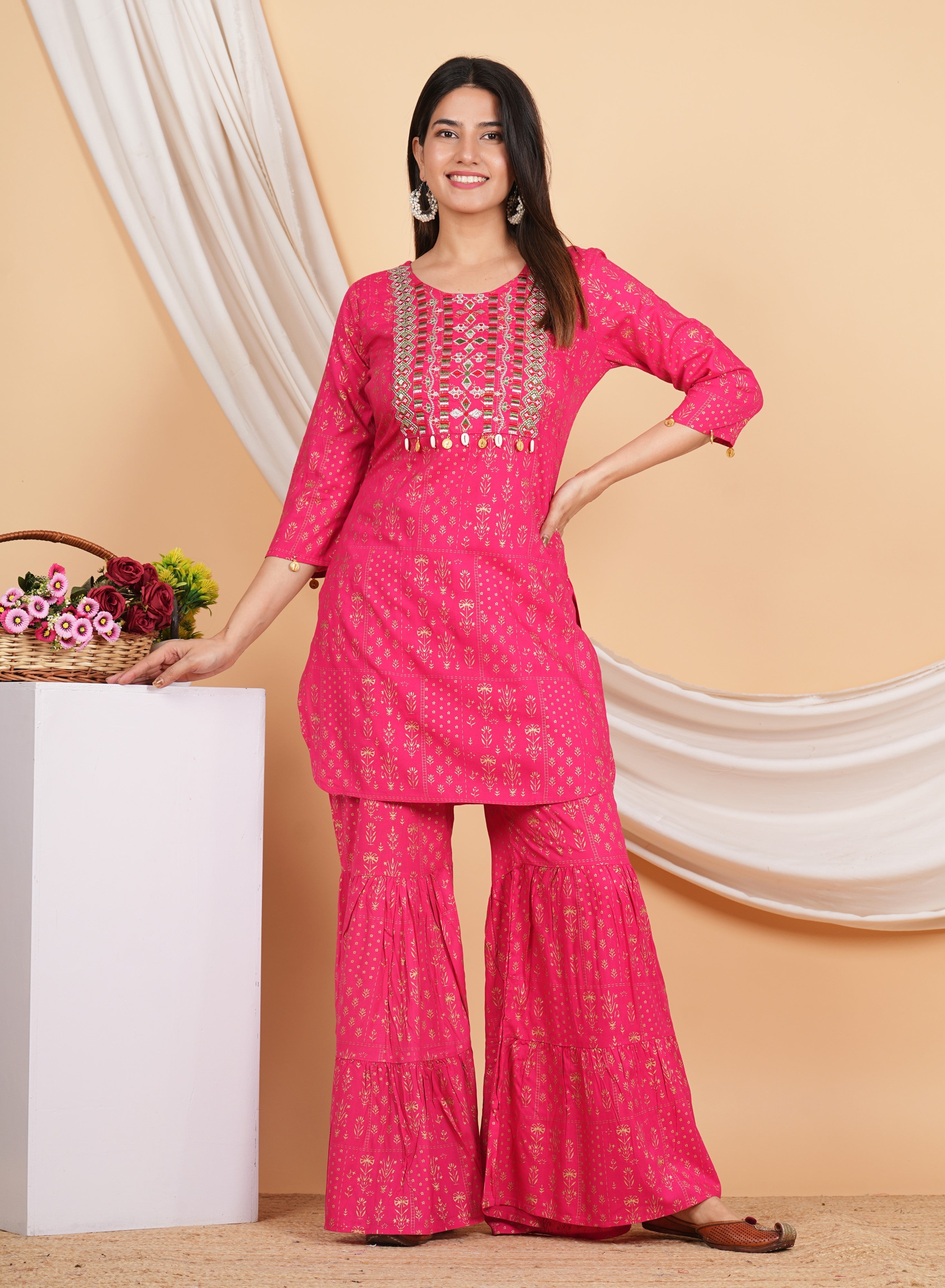 House of RP Women Pink Rayon Embroidered with Printed Kurta & Sharara Set