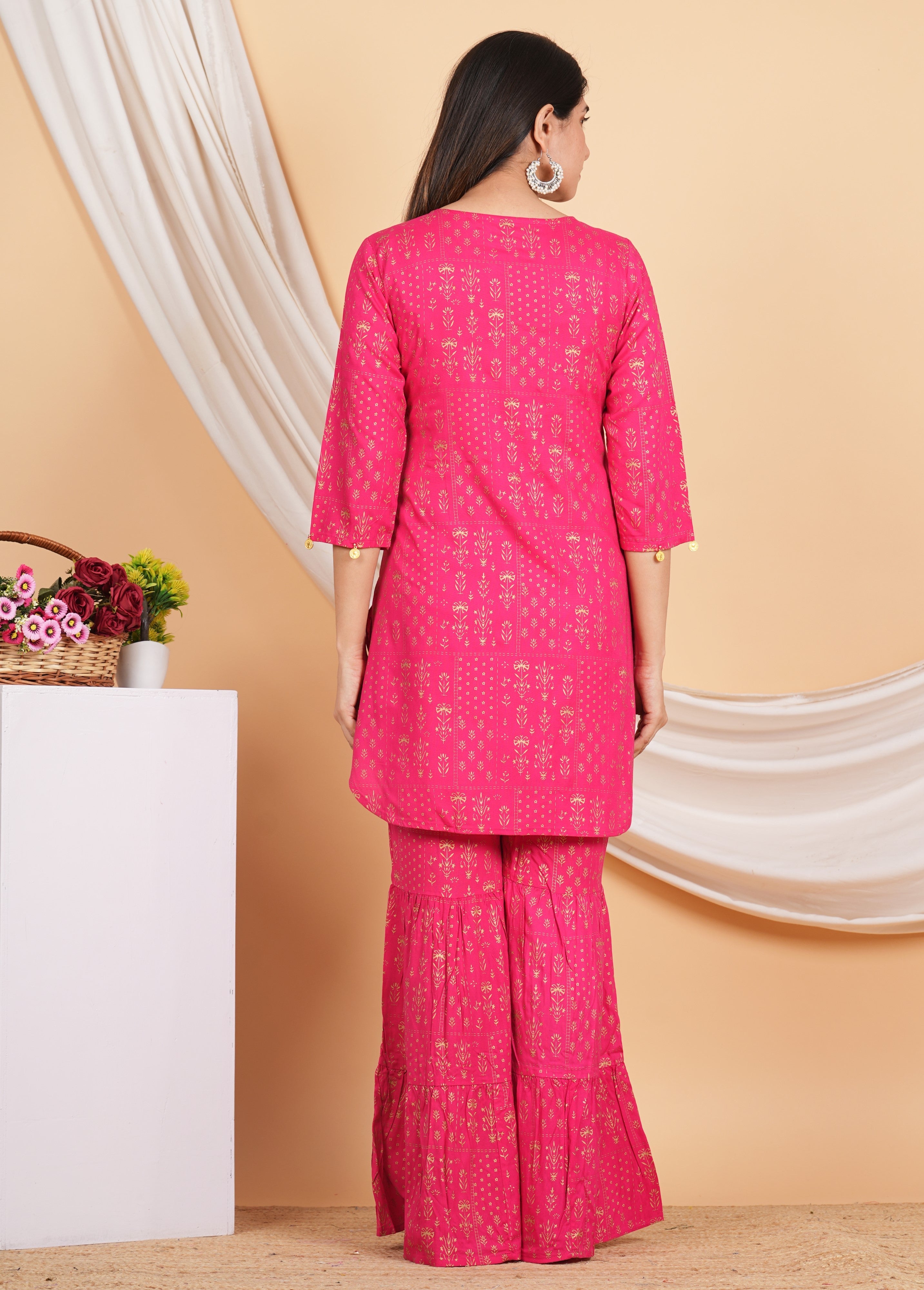 House of RP Women Pink Rayon Embroidered with Printed Kurta & Sharara Set
