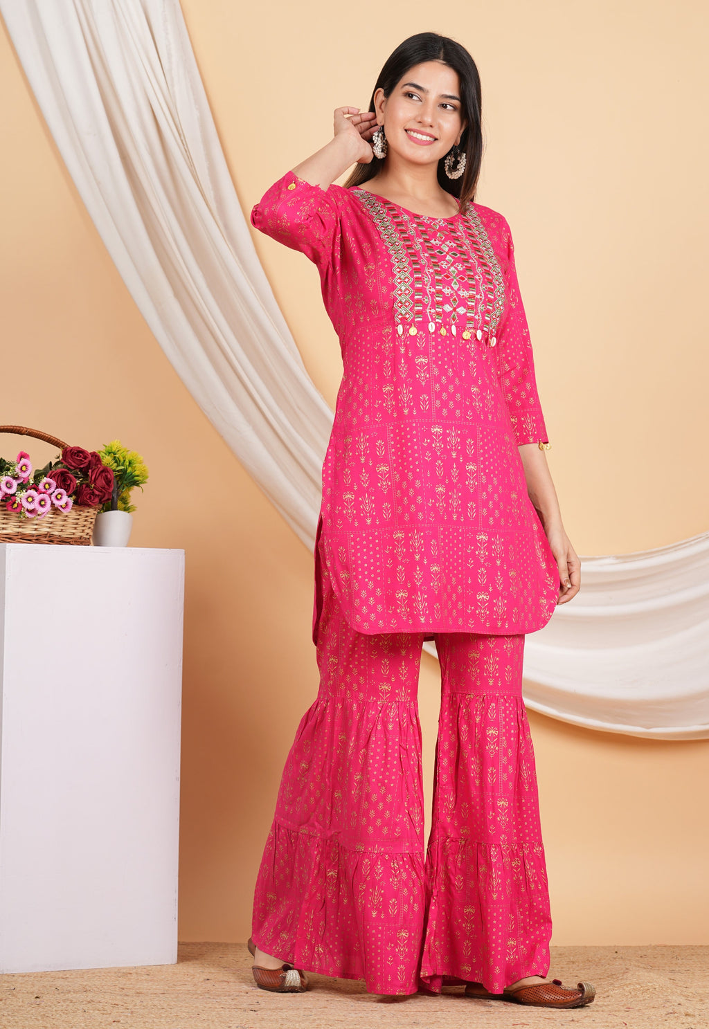 House of RP Women Pink Rayon Embroidered with Printed Kurta & Sharara Set