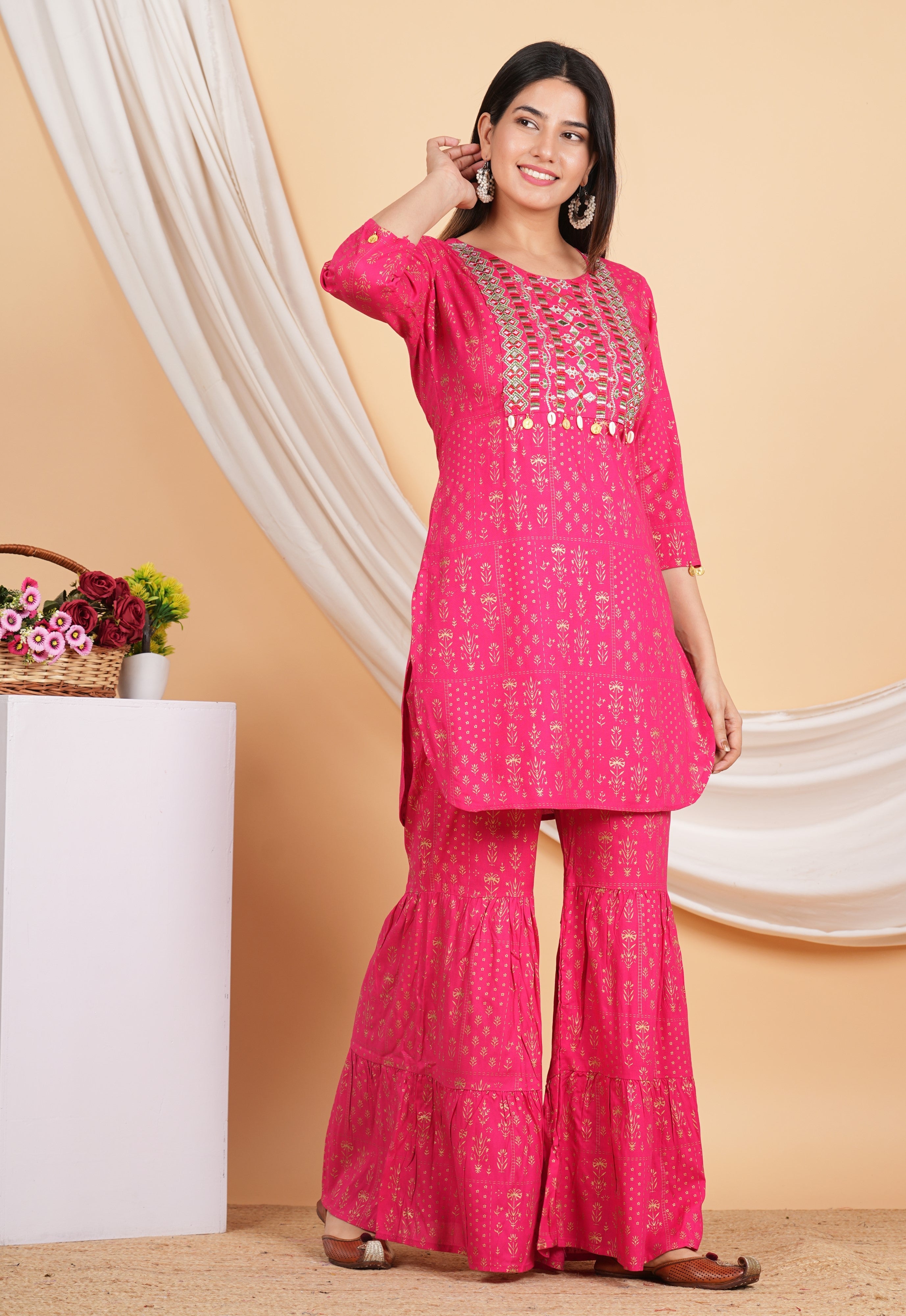 House of RP Women Pink Rayon Embroidered with Printed Kurta & Sharara Set