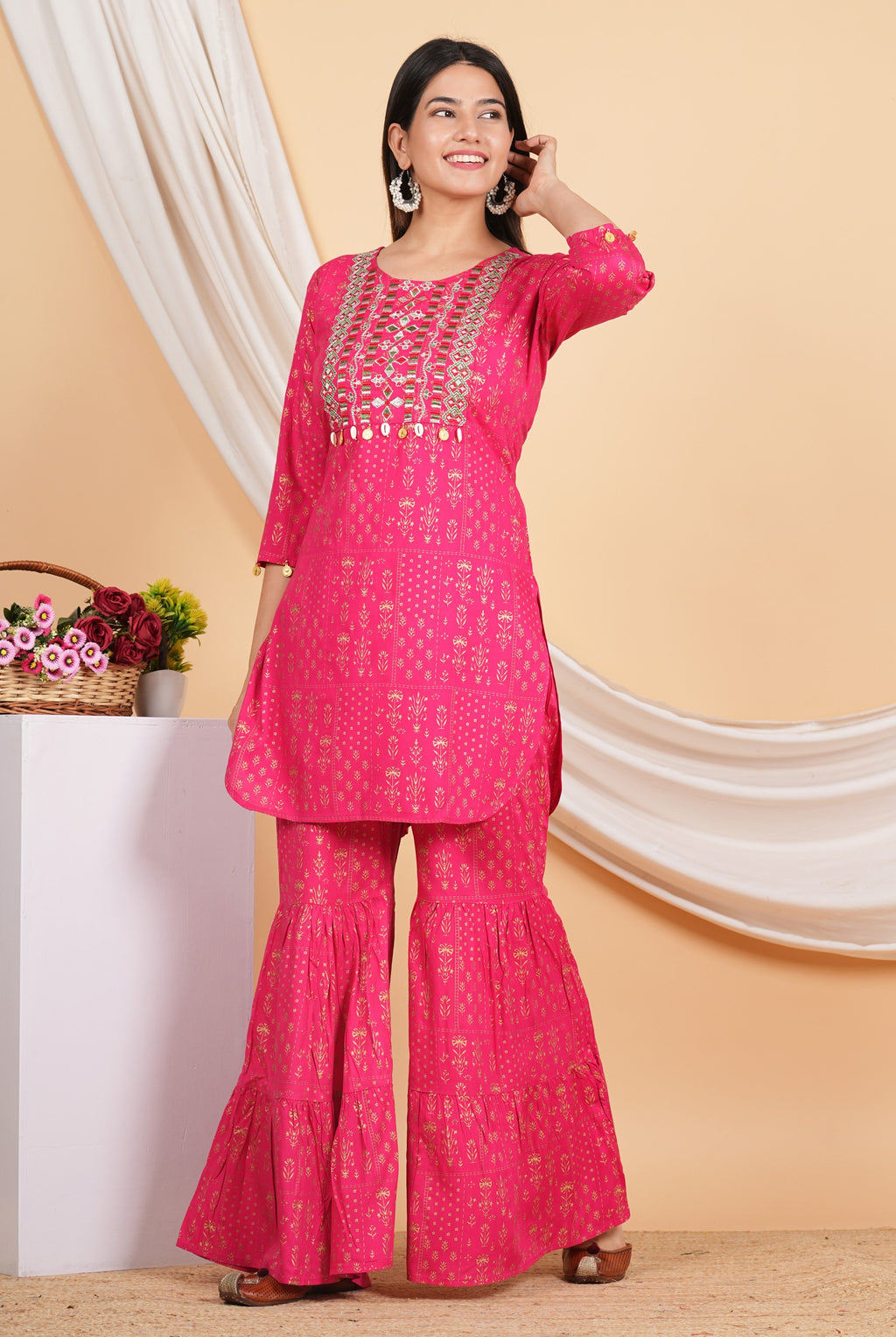 House of RP Women Pink Rayon Embroidered with Printed Kurta & Sharara Set