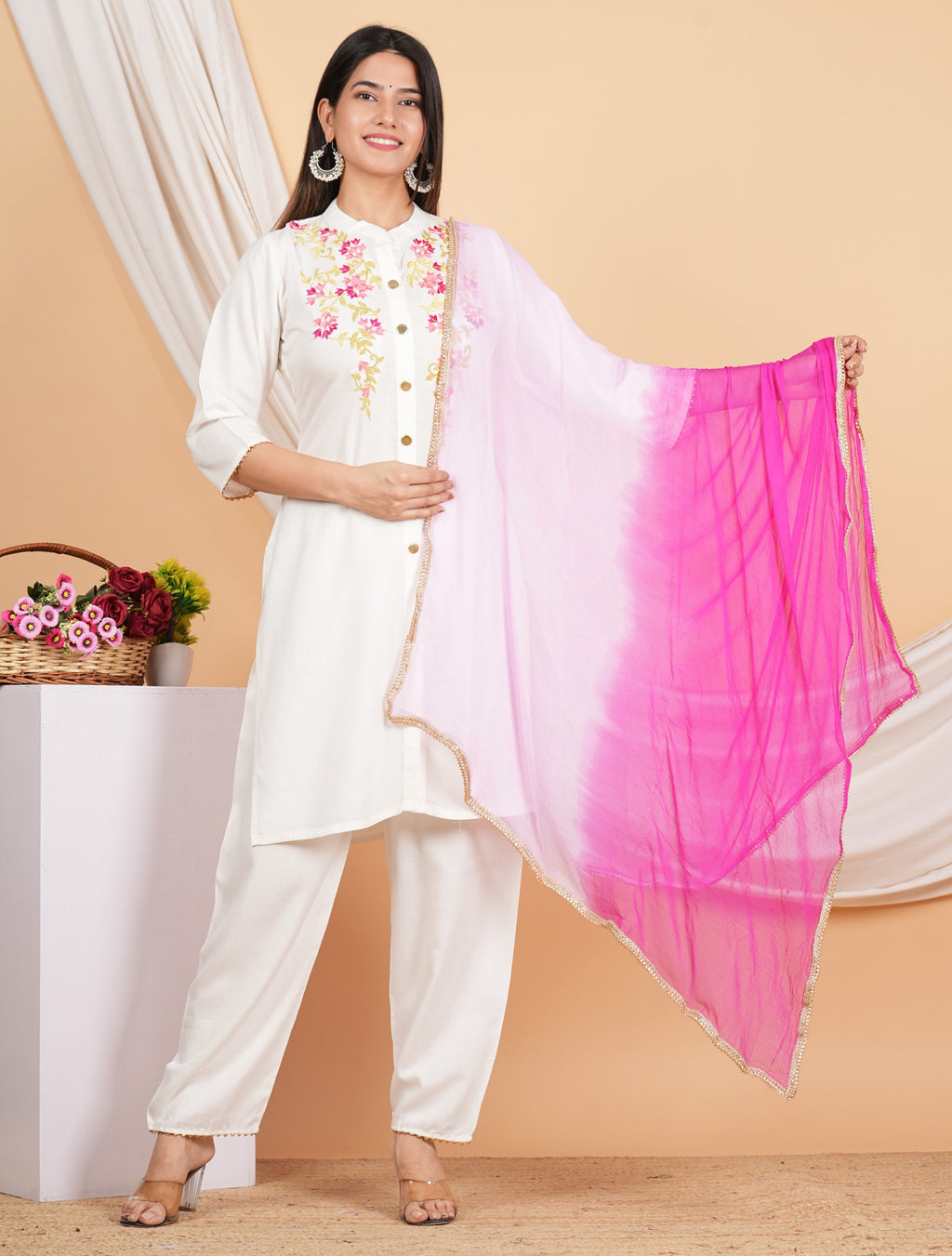 House of RP Women White Rayon Embroidered Kurta, Pant & Dupatta Set