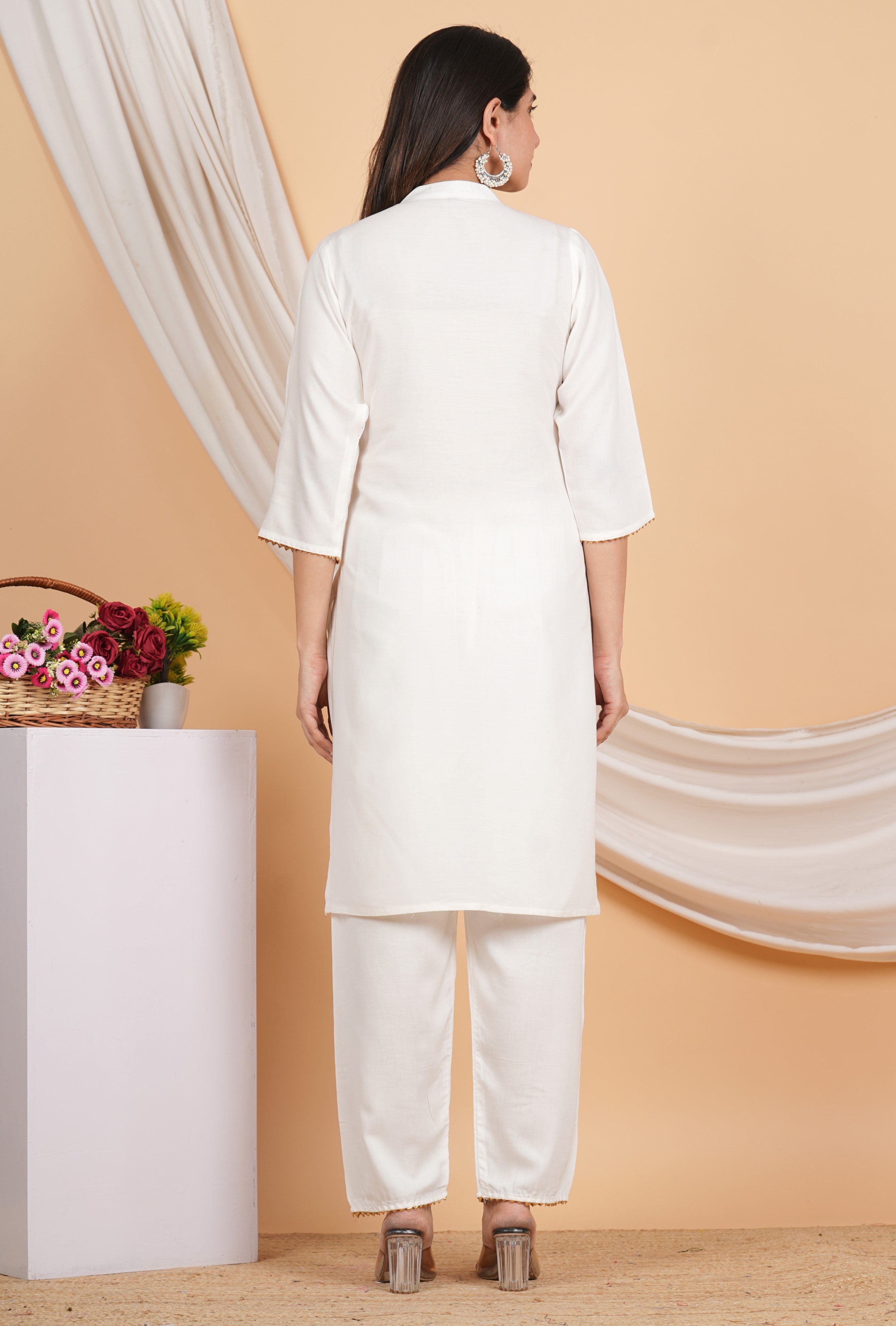 House of RP Women White Rayon Embroidered Kurta, Pant & Dupatta Set