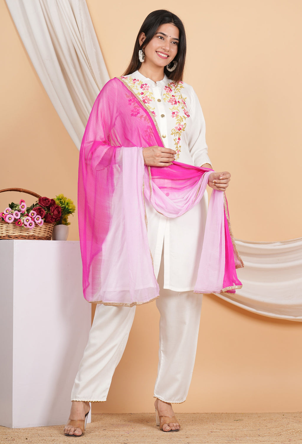 House of RP Women White Rayon Embroidered Kurta, Pant & Dupatta Set