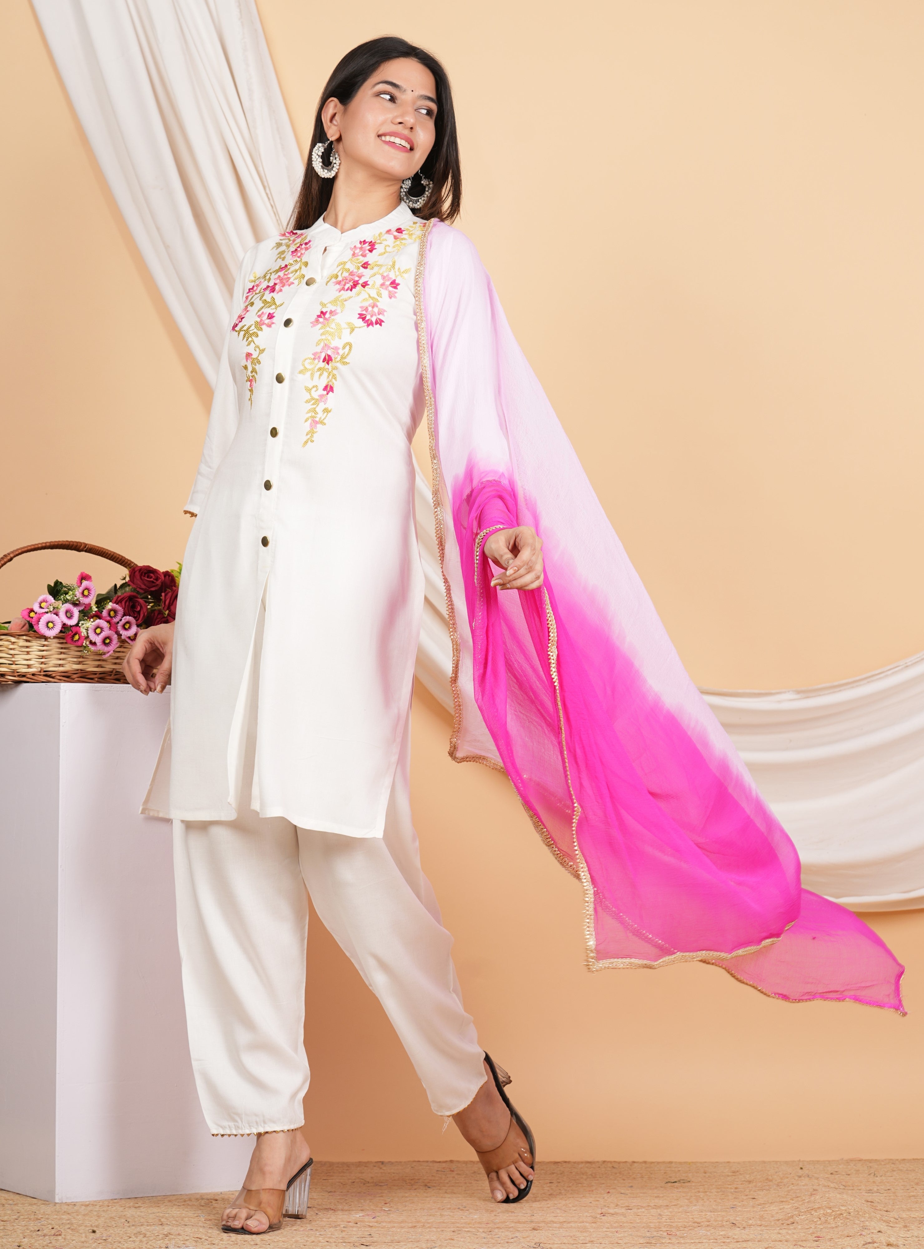 House of RP Women White Rayon Embroidered Kurta, Pant & Dupatta Set