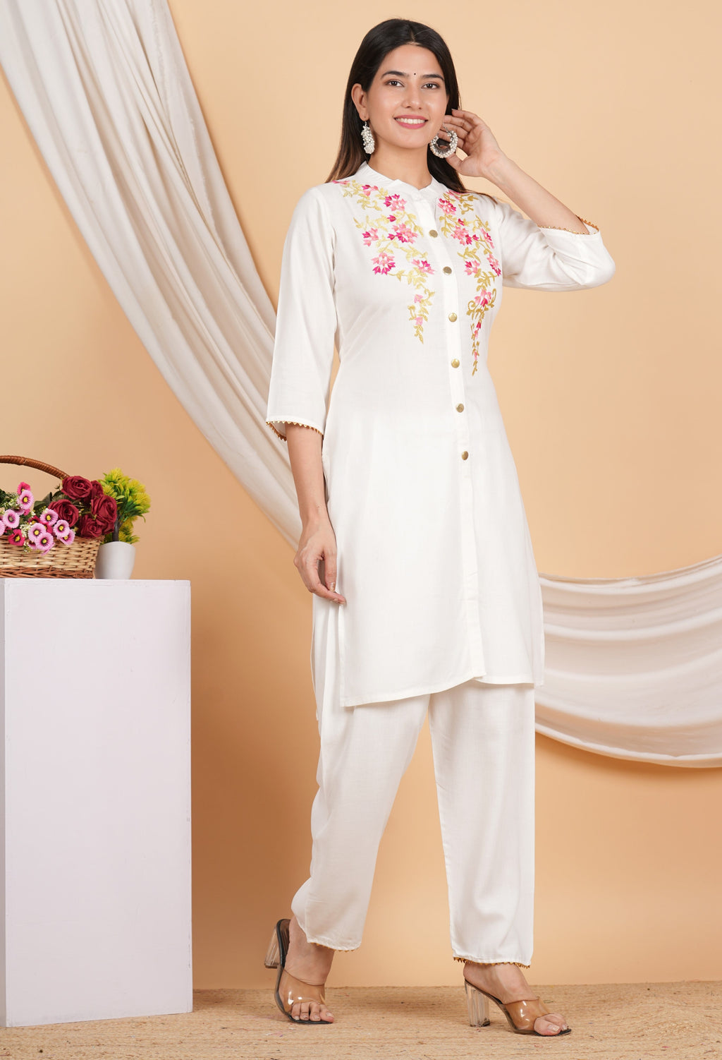 House of RP Women White Rayon Embroidered Kurta, Pant & Dupatta Set