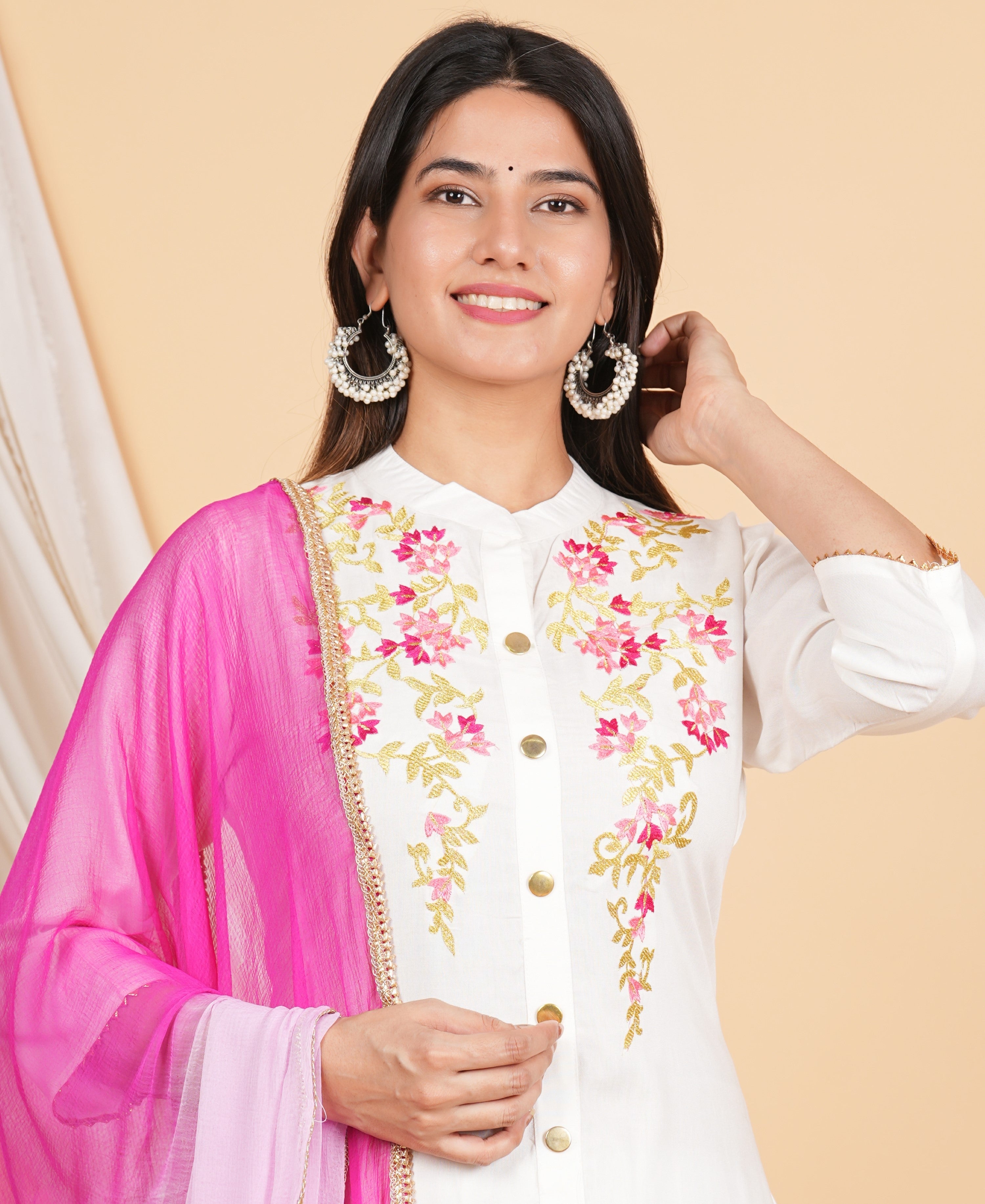 House of RP Women White Rayon Embroidered Kurta, Pant & Dupatta Set