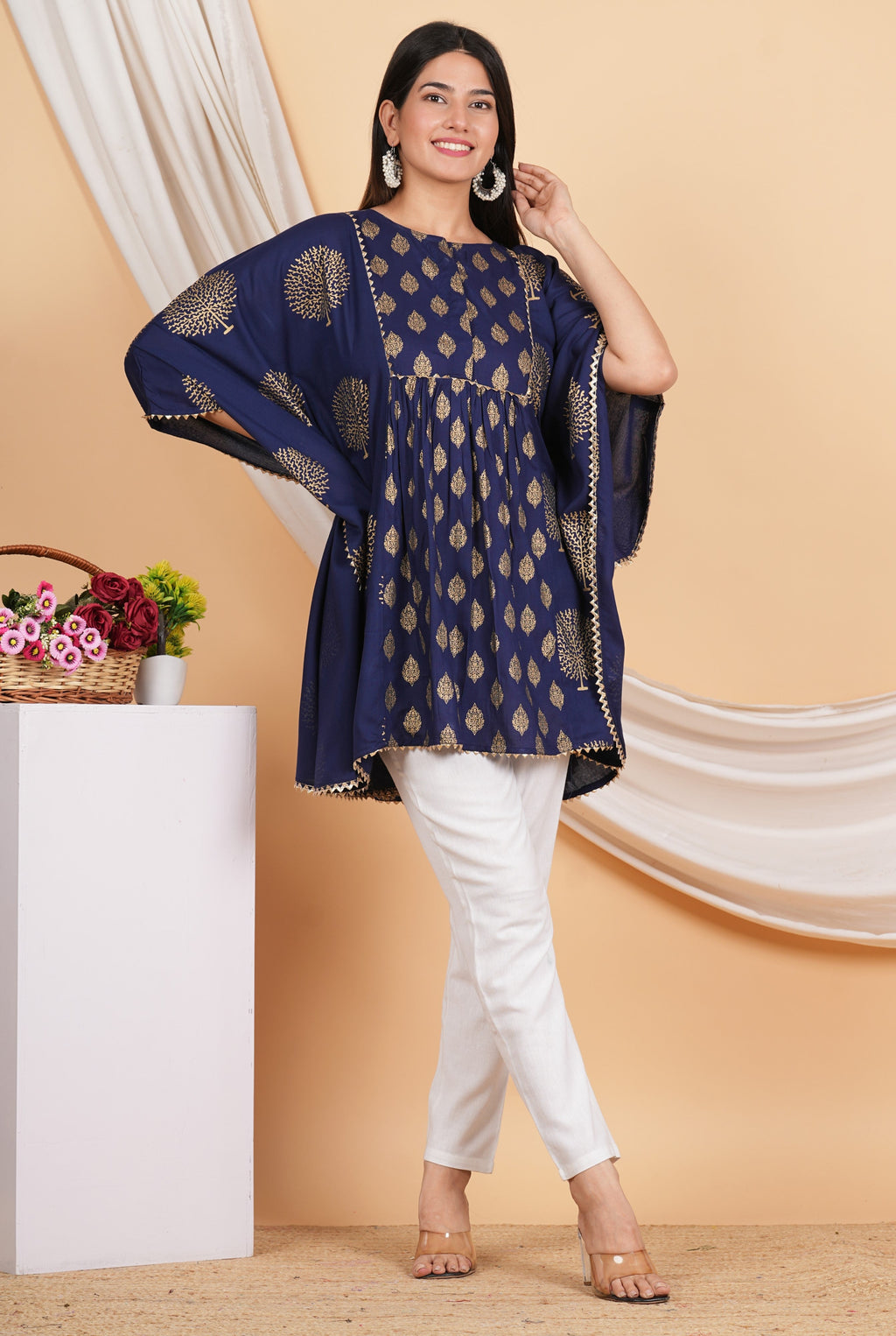 House of RP Women NavyBlue Rayon Ethnic Print Kaftan
