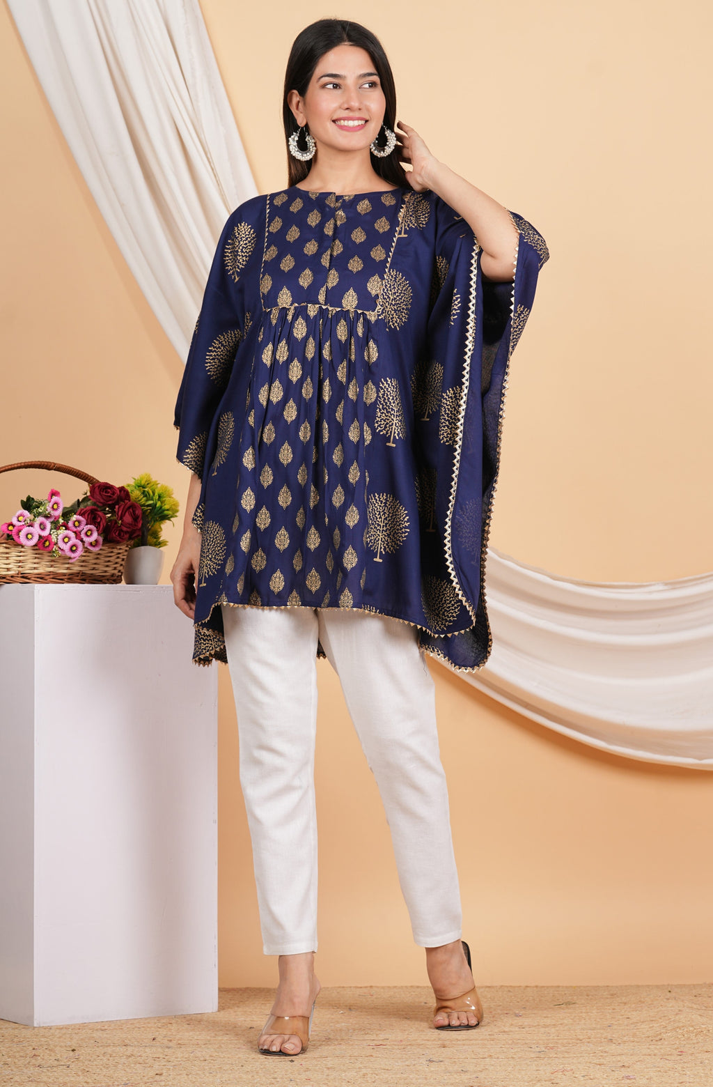 House of RP Women NavyBlue Rayon Ethnic Print Kaftan