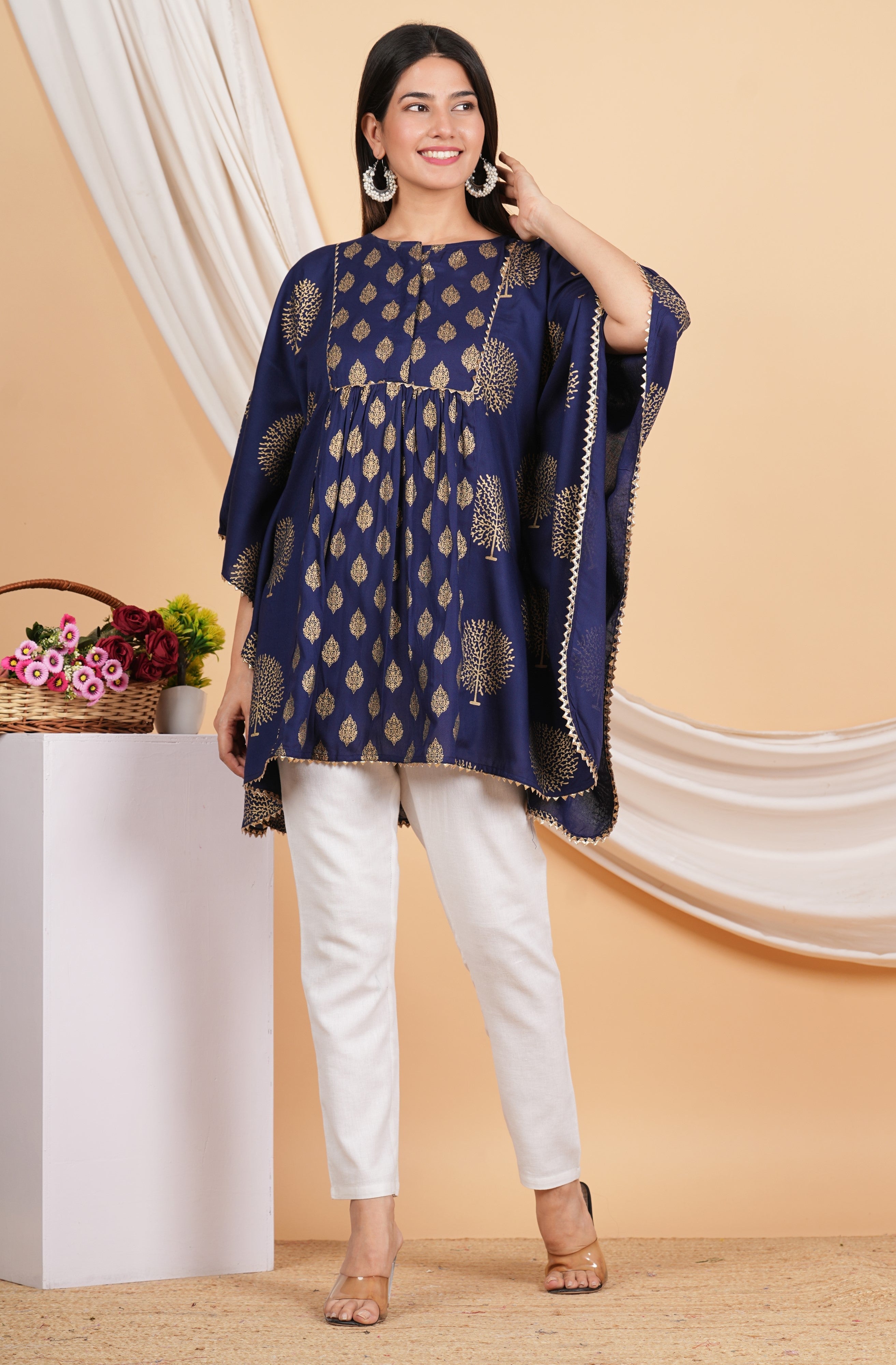 House of RP Women NavyBlue Rayon Ethnic Print Kaftan