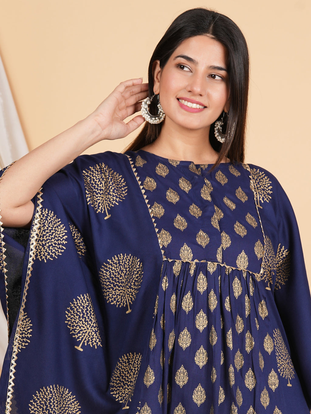 House of RP Women NavyBlue Rayon Ethnic Print Kaftan