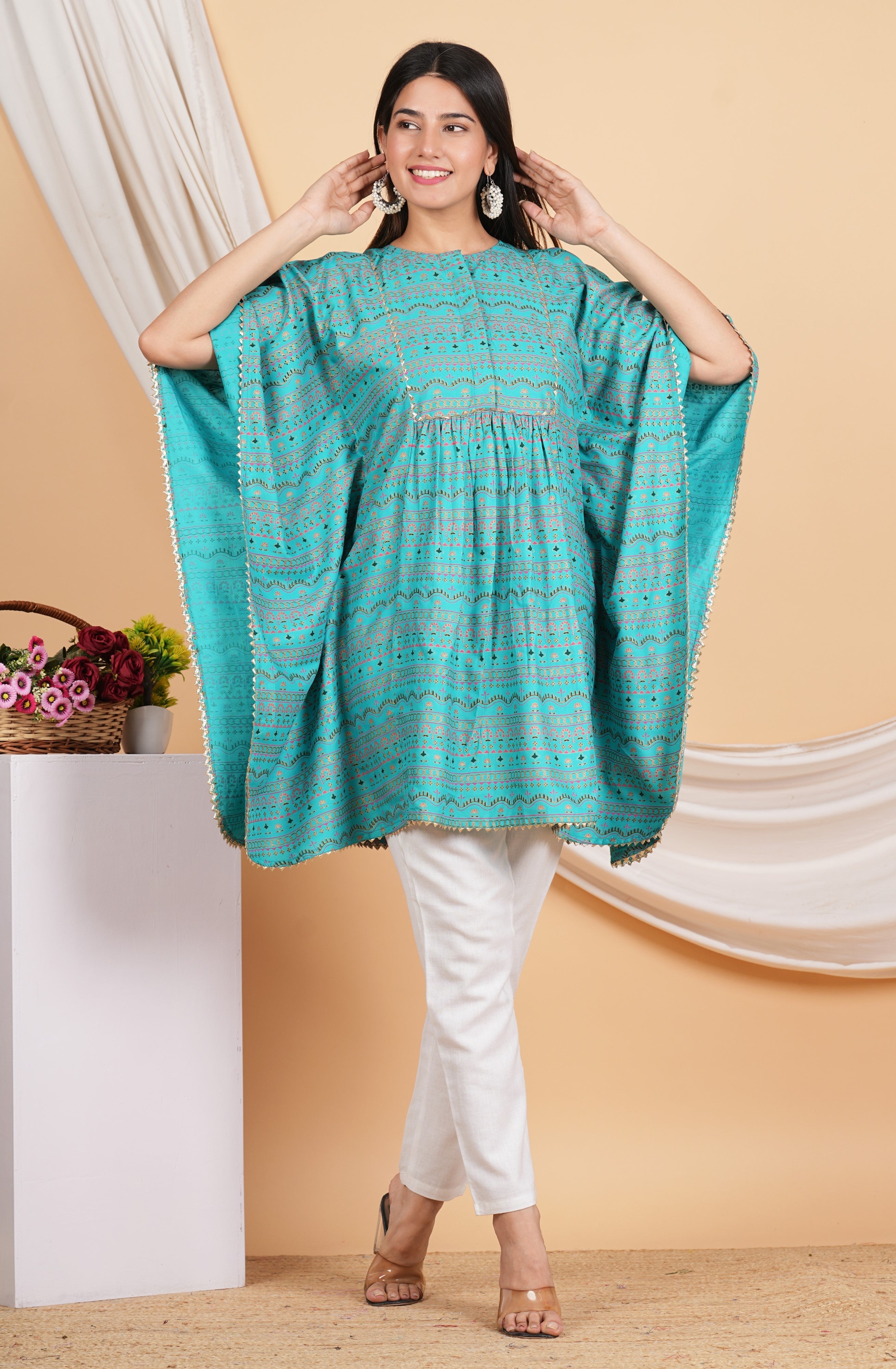 House of RP Women SkyBlue Rayon Ethnic Print Kaftan
