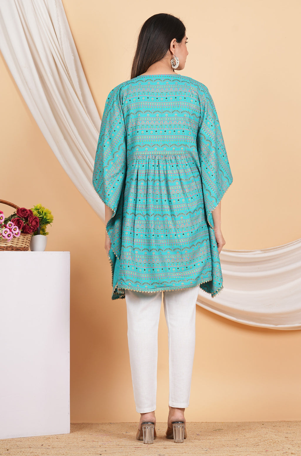 House of RP Women SkyBlue Rayon Ethnic Print Kaftan