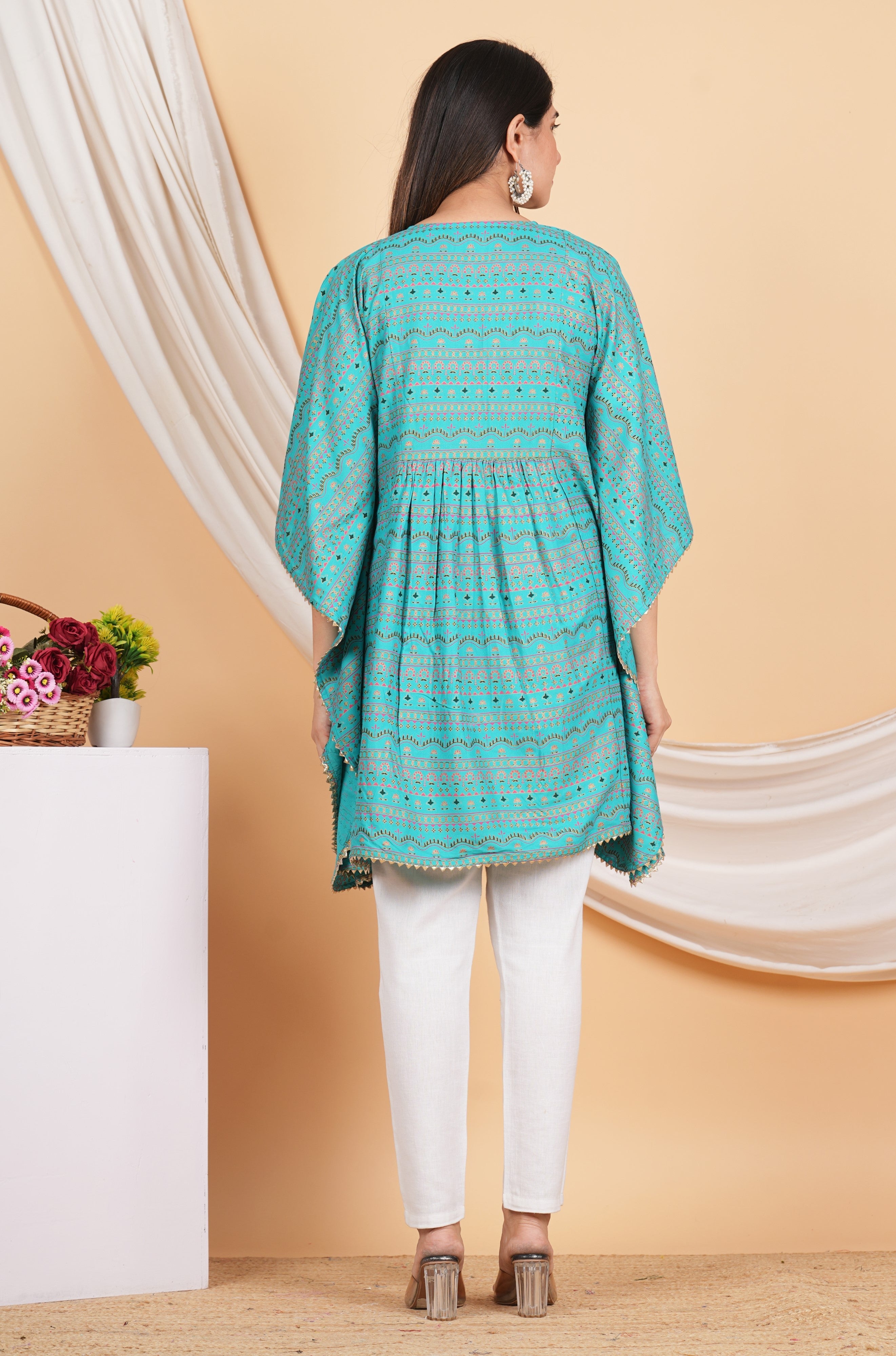 House of RP Women SkyBlue Rayon Ethnic Print Kaftan