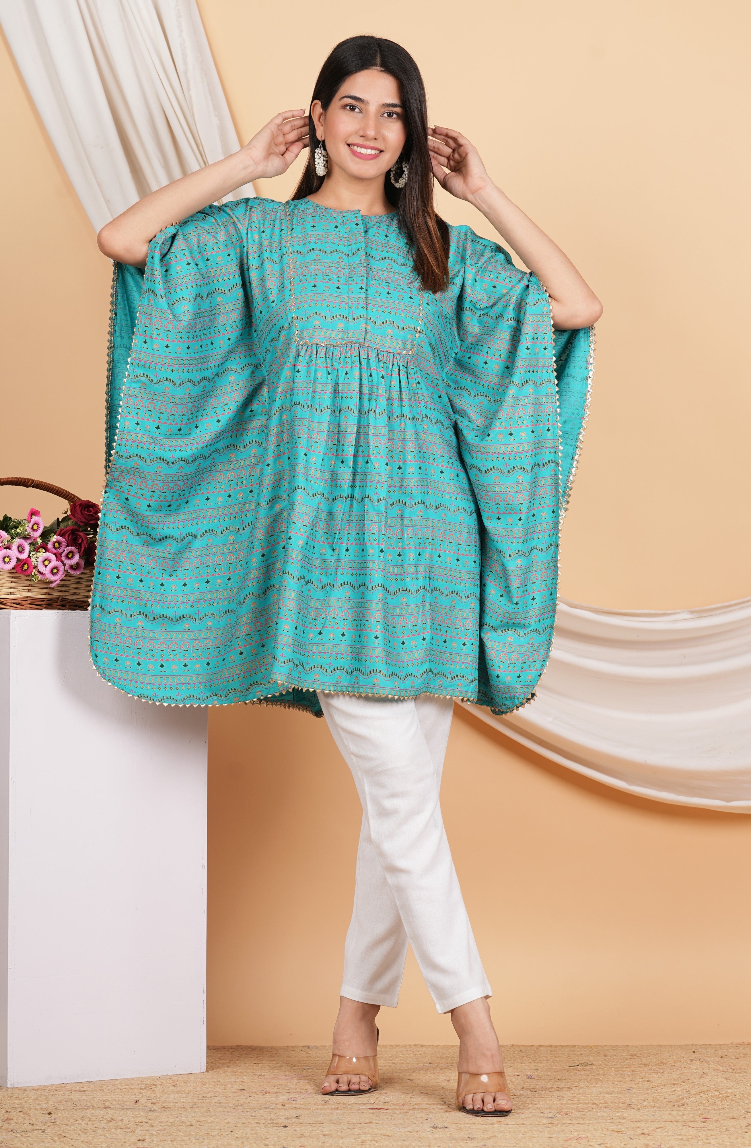 House of RP Women SkyBlue Rayon Ethnic Print Kaftan