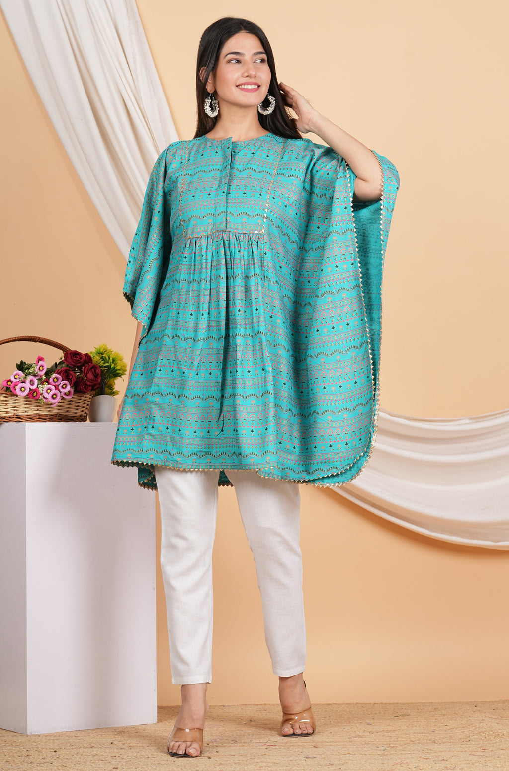 House of RP Women SkyBlue Rayon Ethnic Print Kaftan