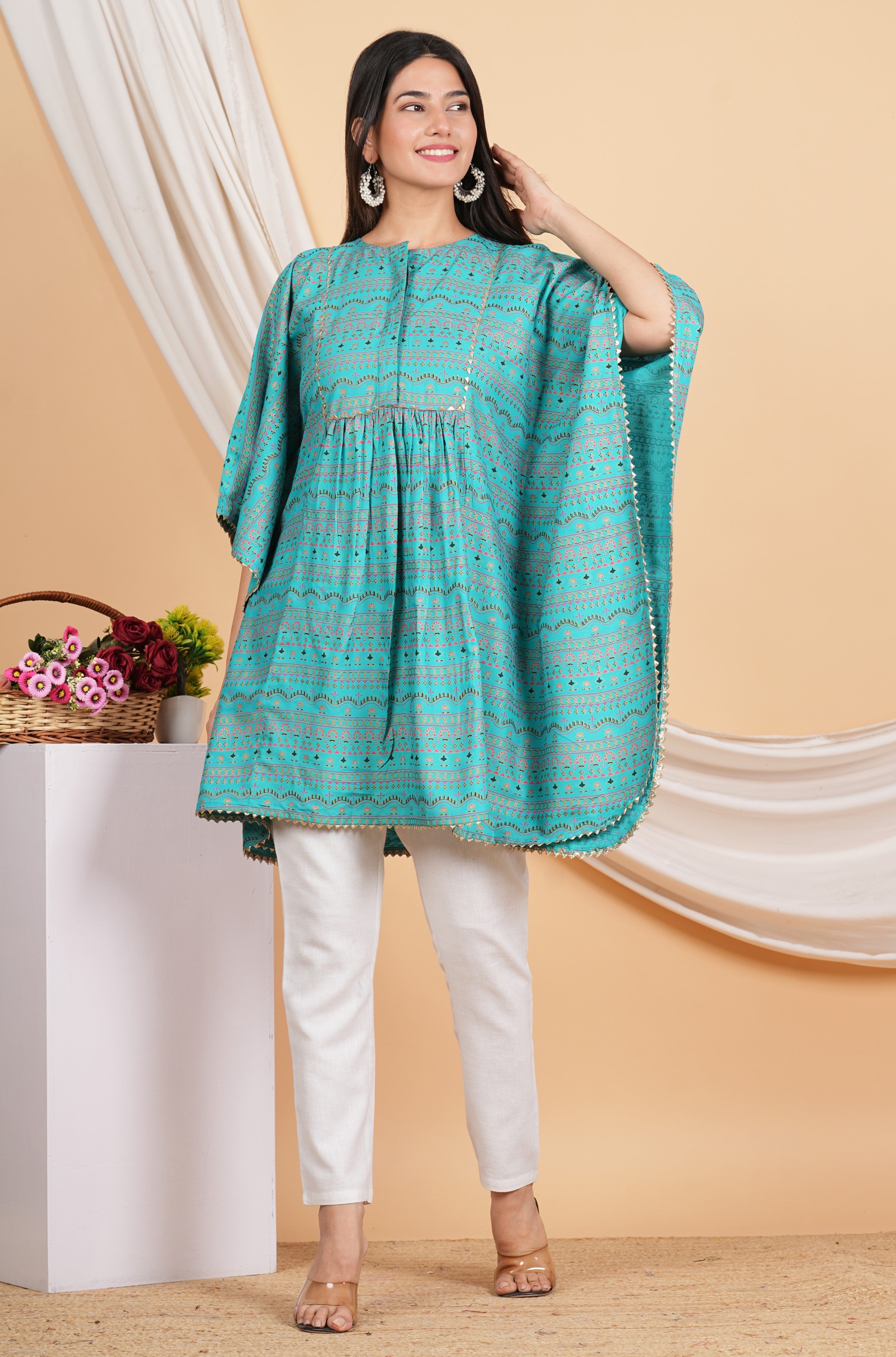 House of RP Women SkyBlue Rayon Ethnic Print Kaftan