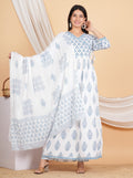 House of RP Women White & Blue Rayon Floral Print Kurta, Pant & Dupatta Set