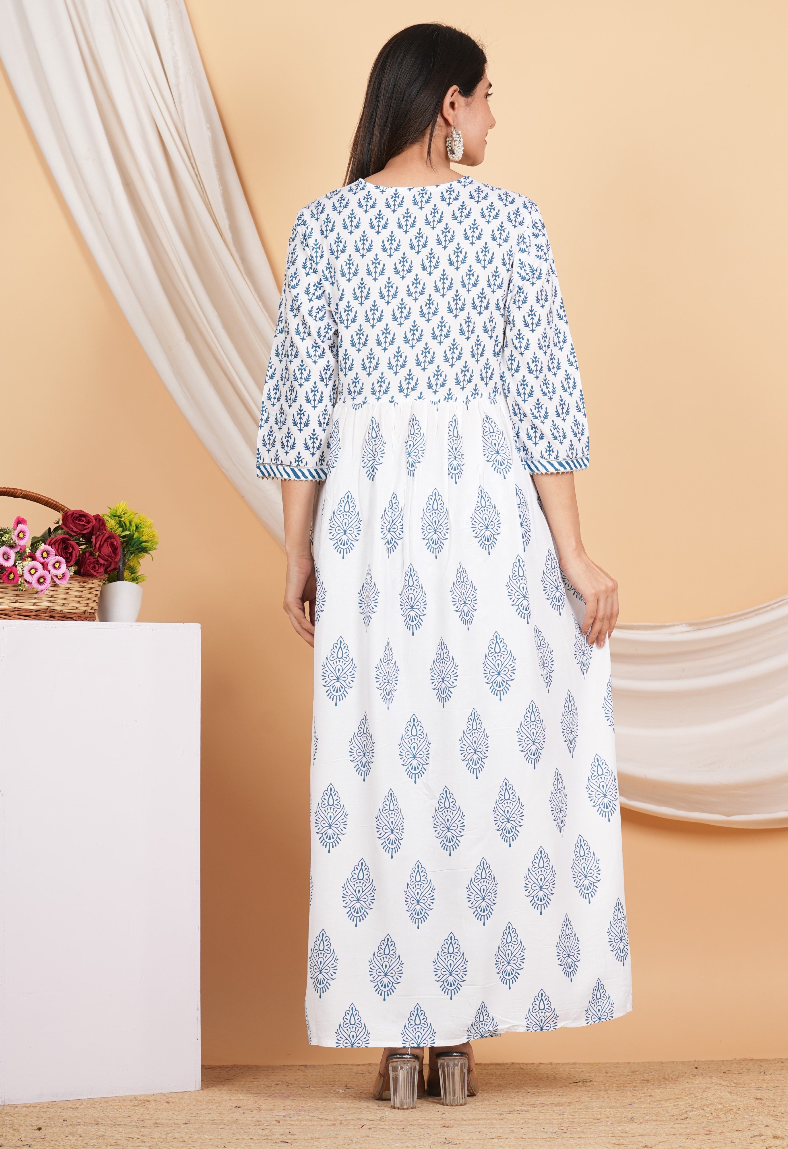 House of RP Women White & Blue Rayon Floral Print Kurta, Pant & Dupatta Set