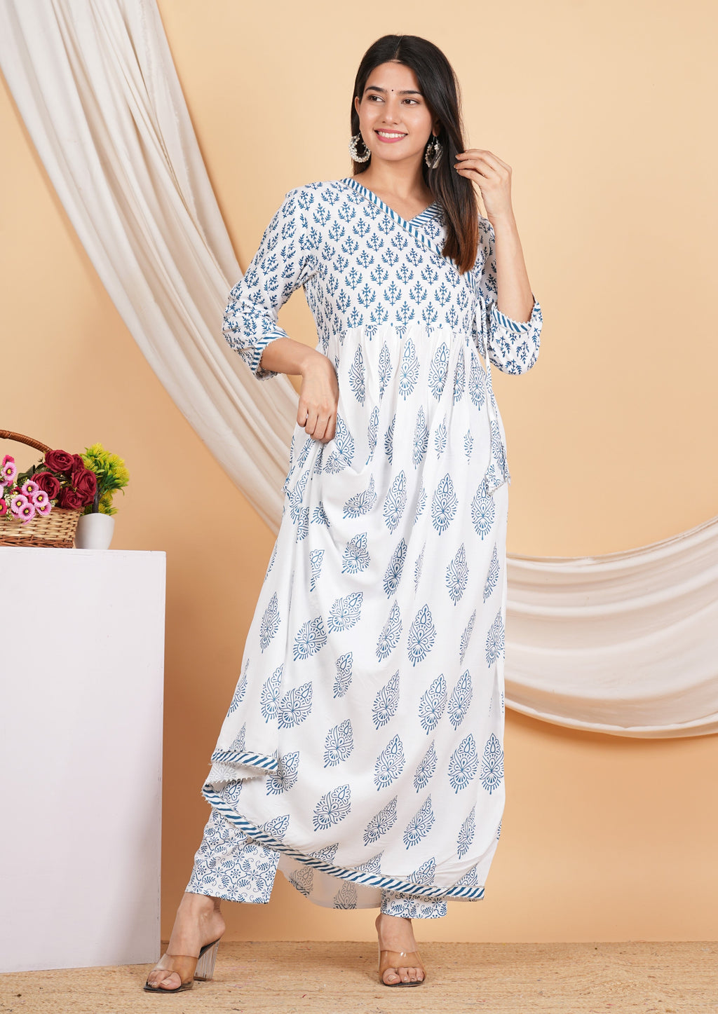 House of RP Women White & Blue Rayon Floral Print Kurta, Pant & Dupatta Set