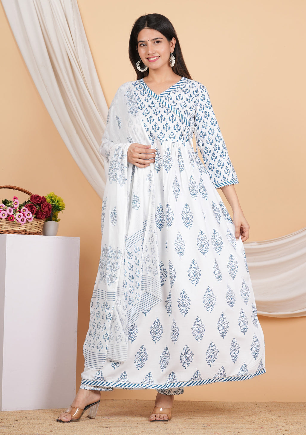 House of RP Women White & Blue Rayon Floral Print Kurta, Pant & Dupatta Set